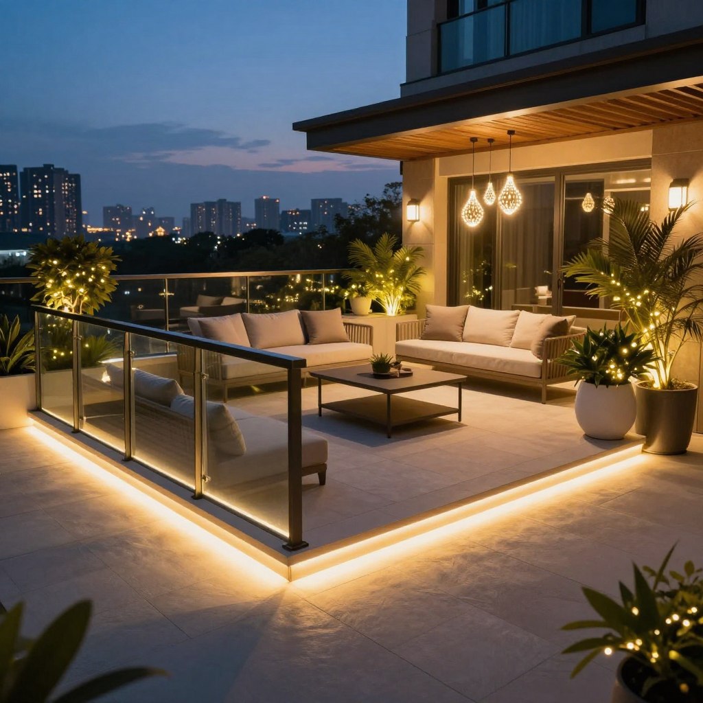A beautifully designed terrace at twilight, showcasing a modern outdoor LED lighting system. In the foreground, elegant LED strip lights outline sleek glass railings, casting a warm, inviting glow. The middle section features stylish outdoor furniture with soft cushions, illuminated by pendant lights with decorative LED fixtures hanging above. Potted plants and shrubs adorned with subtle LED fairy lights enhance the ambiance. In the background, a city skyline twinkles under the evening sky, creating a vibrant atmosphere. The scene is captured from a slightly elevated angle, emphasizing the luminous effects and ensuring the terrace appears engaging and inviting. The overall mood is serene yet sophisticated, highlighting the perfect integration of LED lighting with outdoor design.