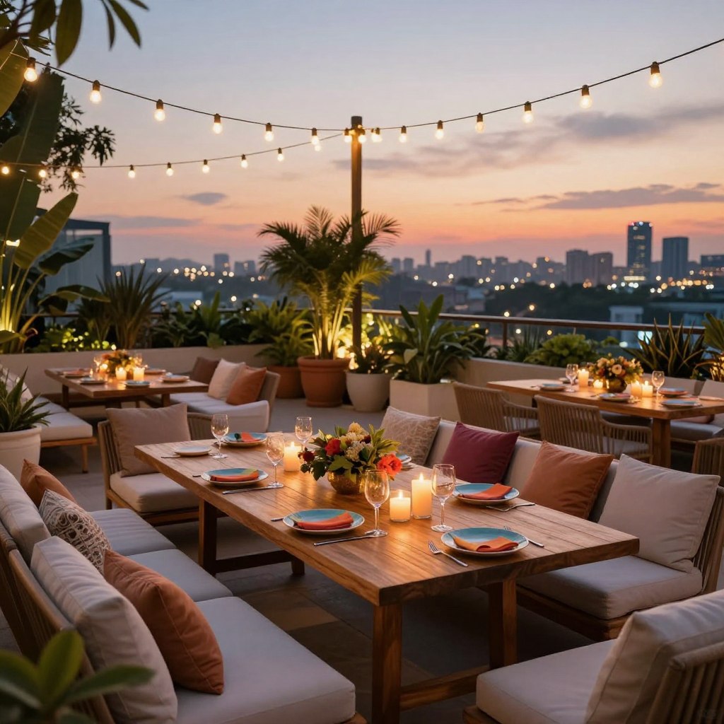 A beautifully designed terrace set for a gathering, showcasing elegant decor ideas. In the foreground, a large, stylish wooden table adorned with vibrant tableware and decorative centerpieces, surrounded by comfortable, chic lounge seating with plush cushions. In the middle ground, a lush array of potted plants and candles create an inviting atmosphere, with soft lighting illuminating the space. In the background, a stunning skyline view at dusk, with warm sunset hues reflected in the sky. The scene conveys a festive yet relaxed mood, inviting guests to unwind. Emphasize the cozy ambience with string lights draping above, casting a gentle glow over the terrace. The composition should be photographed from a slightly elevated angle, showcasing the layout and decor intricacies, evoking a sense of warmth and celebration.