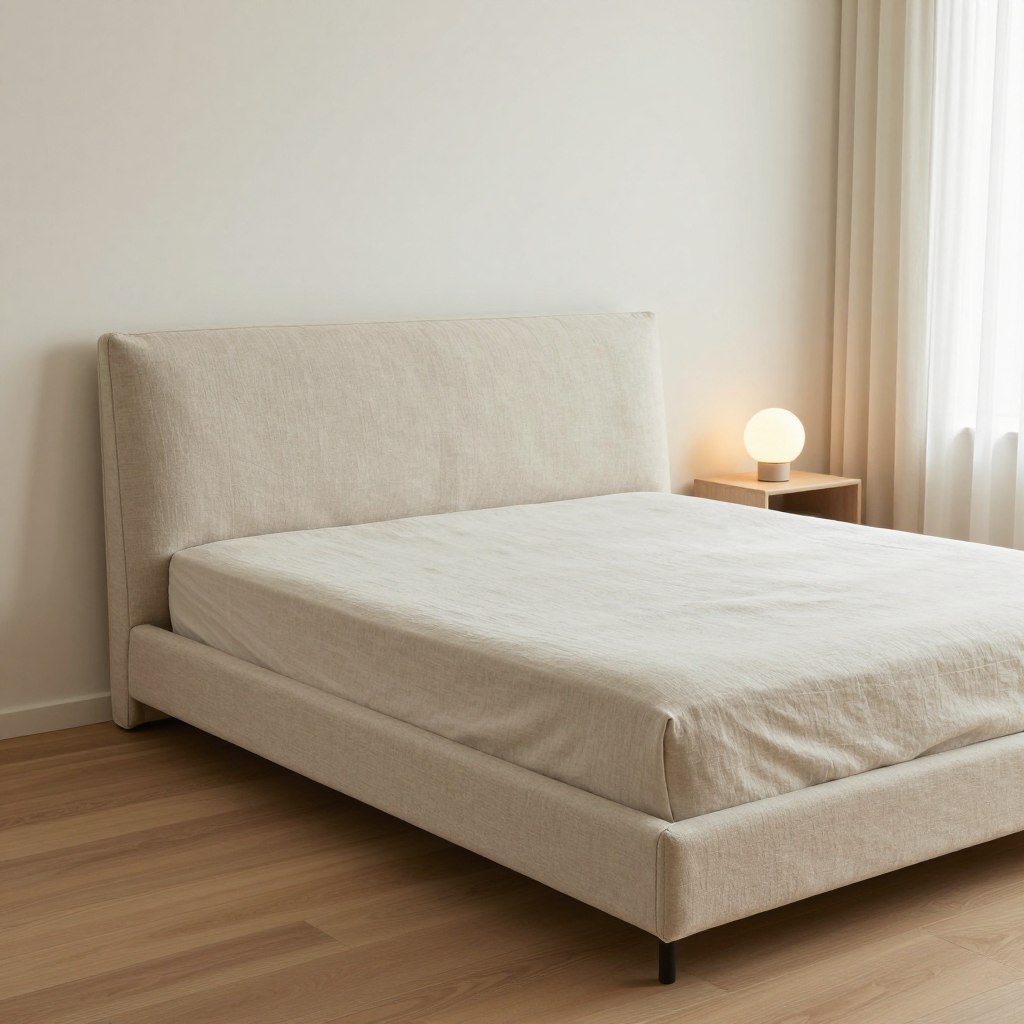 A beautifully designed upholstered linen platform bed in a low profile style, showcasing its elegant simplicity. The bed's headboard is gracefully padded with soft, textured linen in a light, neutral color. Surrounding the bed is a minimalist bedroom decor featuring a smooth, wooden floor in warm tones and delicate, airy curtains that allow natural light to gently fill the space. In the background, a small nightstand holds a modern lamp with a soft glow, casting a tranquil ambiance. The image should be shot from a slightly elevated angle, focusing on the quality of textures and the harmonious color palette. The overall mood is serene, inviting, and refined, emphasizing the beauty of minimalist design. A beautifully designed upholstered linen platform bed in a low profile style, showcasing its elegant simplicity. The bed's headboard is gracefully padded with soft, textured linen in a light, neutral color. Surrounding the bed is a minimalist bedroom decor featuring a smooth, wooden floor in warm tones and delicate, airy curtains that allow natural light to gently fill the space. In the background, a small nightstand holds a modern lamp with a soft glow, casting a tranquil ambiance. The image should be shot from a slightly elevated angle, focusing on the quality of textures and the harmonious color palette. The overall mood is serene, inviting, and refined, emphasizing the beauty of minimalist design.
