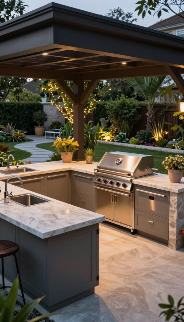 A beautifully designed weatherproof outdoor kitchen, featuring a spacious countertop made of natural stone, sturdy cabinetry with a sleek finish, and premium stainless steel appliances. In the foreground, elegant, protective structures like a pergola with a durable rooftop provide shelter from the elements while maintaining an open feel. The middle ground showcases a contemporary grill station, surrounded by lush greenery and decorative planters. In the background, a serene garden setting with a stone path and twinkling fairy lights adds a touch of charm. Soft, ambient lighting creates a warm, inviting atmosphere during twilight, highlighting the stylish features and textures of the kitchen design. The angle captures the space from a slight overhead perspective, ensuring a comprehensive view that emphasizes the seamless integration of indoor and outdoor living.