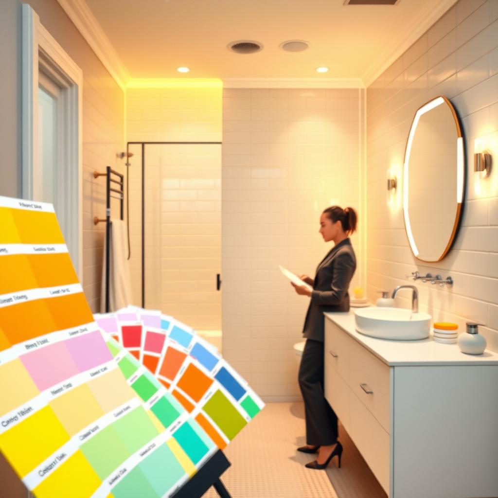 A beautifully designed windowless bathroom showcasing an inspiring color selection process. In the foreground, a well-organized paint swatch display featuring vibrant, bright colors like cheerful yellows, energizing lavenders, and refreshing mint greens. A professional interior designer in smart casual attire is examining the swatches, thoughtfully considering their application in the bathroom. The middle ground features a stylish bathroom vanity with modern fixtures, illuminated by soft, warm backlighting that enhances the overall brightness. In the background, light-colored tiles and bright accessories reflect the uplifting atmosphere. The mood suggests creativity and optimism, inviting viewers to envision a dazzling transformation of dark spaces into vibrant havens. The scene is captured with a warm, inviting angle, showcasing the beauty of color in enhancing interior spaces. A beautifully designed windowless bathroom showcasing an inspiring color selection process. In the foreground, a well-organized paint swatch display featuring vibrant, bright colors like cheerful yellows, energizing lavenders, and refreshing mint greens. A professional interior designer in smart casual attire is examining the swatches, thoughtfully considering their application in the bathroom. The middle ground features a stylish bathroom vanity with modern fixtures, illuminated by soft, warm backlighting that enhances the overall brightness. In the background, light-colored tiles and bright accessories reflect the uplifting atmosphere. The mood suggests creativity and optimism, inviting viewers to envision a dazzling transformation of dark spaces into vibrant havens. The scene is captured with a warm, inviting angle, showcasing the beauty of color in enhancing interior spaces.