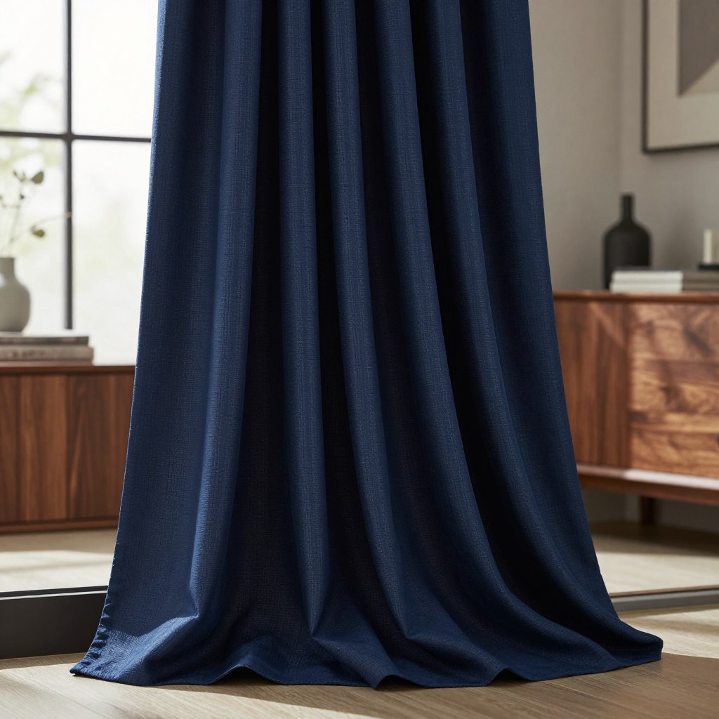 A beautifully draped pair of triple-weave blackout curtains in a soft, luxurious fabric, cascading elegantly from a stylish window frame. The curtains display a rich, deep navy color with a subtle textured pattern that enhances their opulence. The foreground features the folds of the curtains catching soft, diffused natural light, emphasizing the fabric's quality. In the middle ground, a modern bedroom setting is visible, featuring warm wood furniture and minimalistic decor, creating a tranquil atmosphere. The background reveals a softly blurred window, suggesting a bright afternoon outside while keeping the interior dim and cozy. The lighting is soft and inviting, casting gentle shadows that highlight the curtains’ substantial thickness, showcasing their ability to block out light effectively.