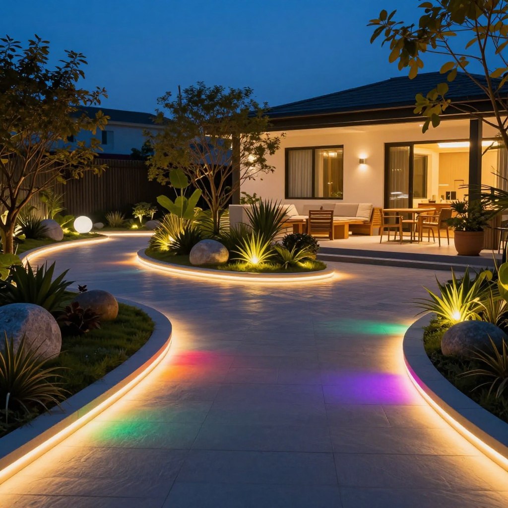A beautifully illuminated outdoor pathway featuring LED strip lights, creatively integrated along the edges of a modern walkway. In the foreground, bright, colorful LED strips emit a soft glow, casting vibrant reflections on the dark pavement. The middle ground showcases a stylish, landscaped garden with potted plants and decorative stones, softly lit by the strip lighting. In the background, a softly illuminated terrace with comfortable seating and ambient lighting creates a cozy atmosphere. The scene is captured at twilight, with a rich blue sky transitioning to night. The image conveys a warm, inviting ambiance, perfect for outdoor gatherings. The composition is clear and balanced, emphasizing the pathway and lighting without any distractions or text.