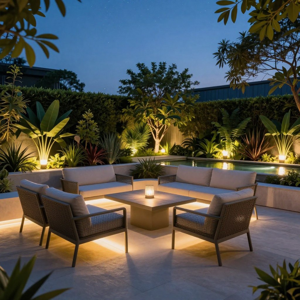 A beautifully landscaped outdoor terrace illuminated by soft LED lighting at dusk. In the foreground, stylish modern outdoor furniture arranged around a low table with ambient LED strip lights outlining the seating area. The middle ground features lush greenery and decorative plants subtly highlighted by hidden LED lights, creating a vibrant yet serene atmosphere. In the background, a softly glowing water feature reflects the surrounding lights, enhancing the tranquil mood. The scene is captured from a slightly elevated angle, showcasing the interplay between light and shadow. The overall ambiance is warm and inviting, ideal for evening gatherings, with a starry sky adding to the charm.