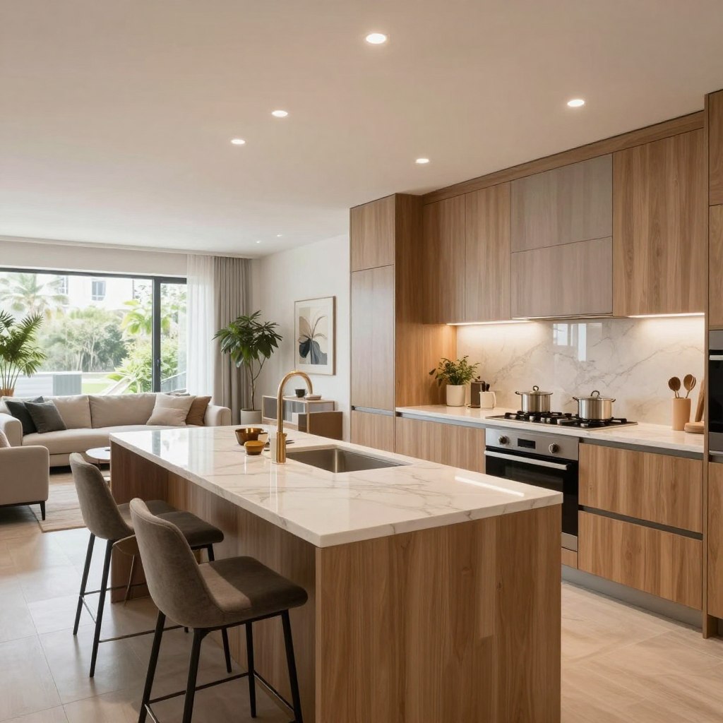 A beautifully modern open kitchen seamlessly integrating with a stylish living area, featuring sleek curved cabinetry and an elegant island with bar stools. The foreground showcases a contemporary kitchen with light-colored marble countertops and warm wooden accents. In the middle, the living area is visible, adorned with a tasteful sofa and decorative plants, enhancing the cozy atmosphere. The background reveals large windows letting in natural light, creating an airy feel. Soft overhead lighting reflects off polished surfaces, accentuating the room's design. The mood is inviting and sophisticated, ideal for family gatherings or entertaining guests. The angle is slightly elevated, providing a panoramic view of both the kitchen and living space. No human subjects are present, ensuring a focus on the design elements.
