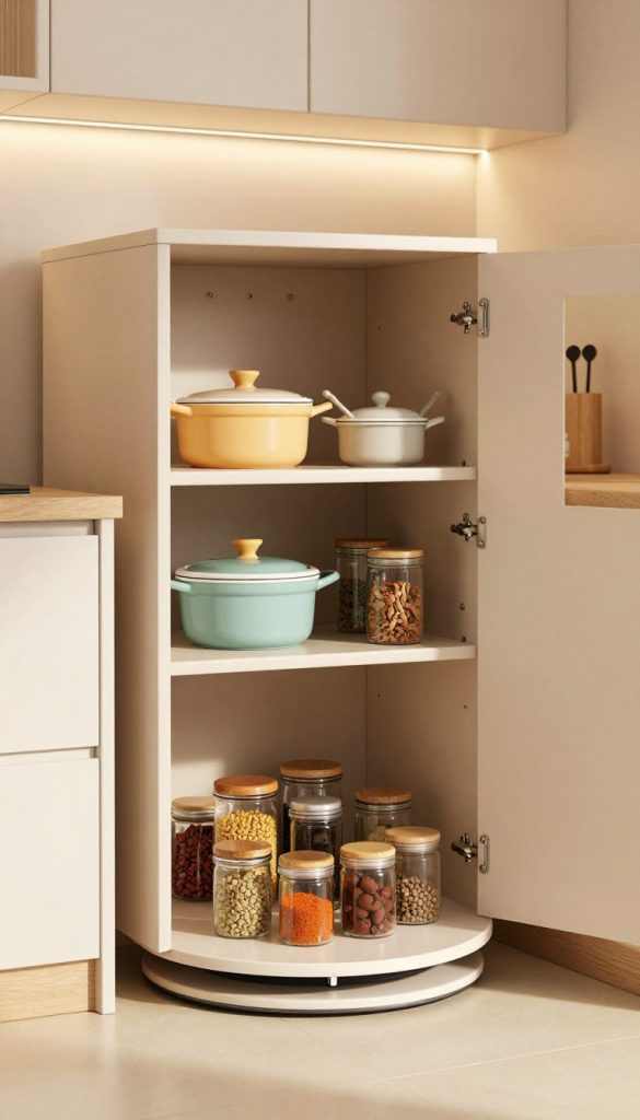 A beautifully organized corner kitchen cabinet featuring a lazy Susan for easy access. In the foreground, show a sleek, rotating lazy Susan with various spices and jars neatly arranged, highlighting accessibility and functionality. The middle section of the cabinet reveals additional shelves filled with cookware and utensils, all in modern, cohesive colors. The background features a softly-lit kitchen setting, with warm, inviting tones and modern cabinetry that exudes a sense of sophistication. Use natural lighting to create a cozy atmosphere, with light reflecting gently off the surfaces. Capture the scene with a slight angle to emphasize the depth of the corner cabinet design, showcasing the innovative usage of space without any human presence.