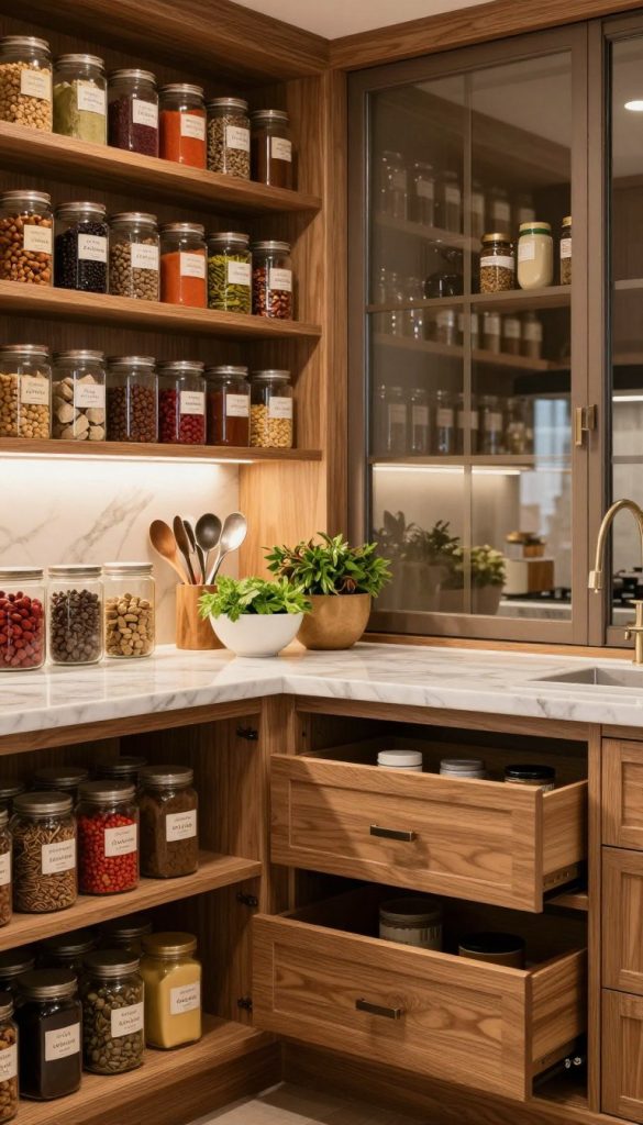 A beautifully organized luxury pantry, showcasing elegant glass-front cabinetry filled with artisanal jars, gourmet spices, and neatly arranged pantry essentials. The foreground features sleek wooden shelves, showcasing colorful, well-labeled glass containers and custom pull-out drawers for easy access. The middle ground highlights polished marble countertops, adorned with decorative bowls of fresh herbs and high-end kitchen tools, all illuminated by warm, ambient lighting that creates a cozy, welcoming atmosphere. In the background, soft, blurred lighting filters through the glass doors, emphasizing the organized shelves and adding depth to the scene. The overall mood is sophisticated and serene, exemplifying a chef’s dream kitchen with an emphasis on both style and functionality.