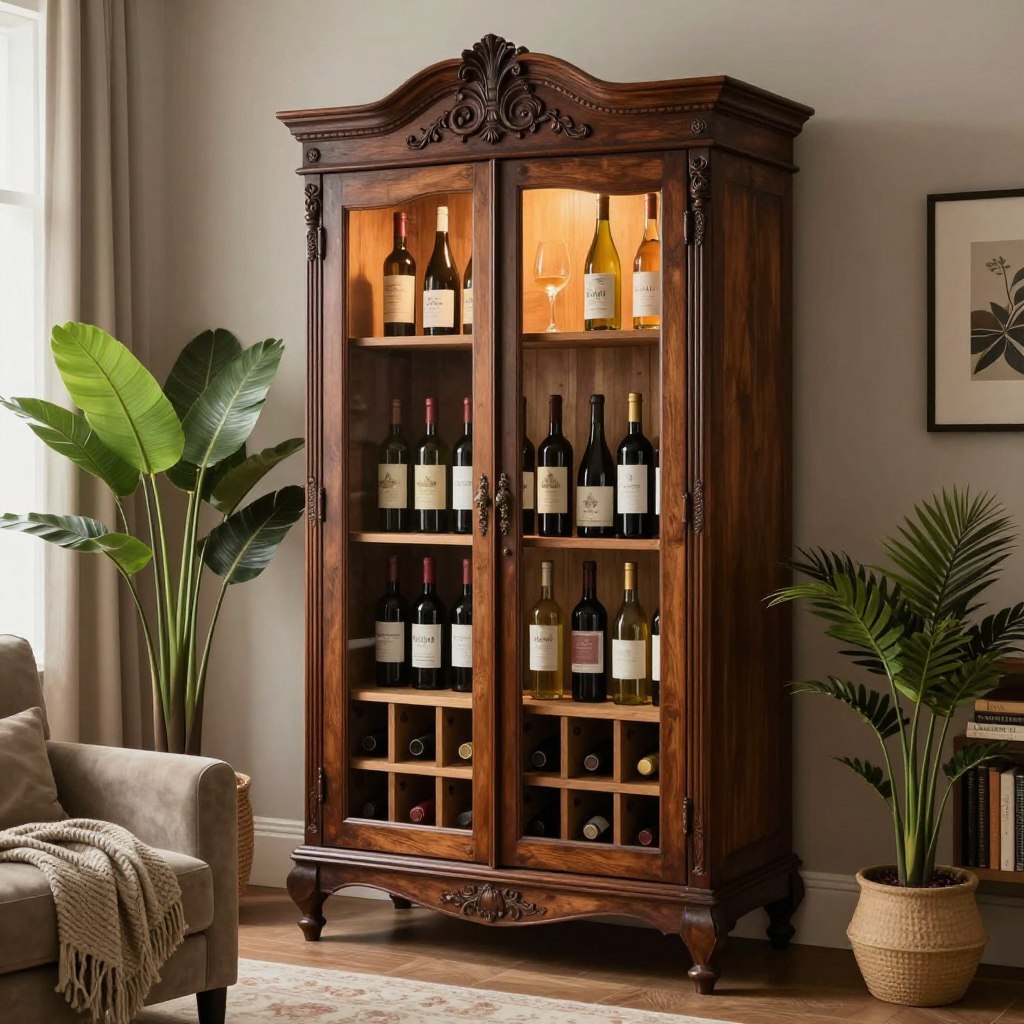 A beautifully repurposed armoire wine cabinet takes center stage in a stylish living room. The armoire, crafted from rich, dark wood, features intricate carvings and a warm patina, showcasing its vintage charm. Inside, the cabinet is filled with an array of wine bottles, elegantly arranged on wooden shelves, illuminated by soft, ambient lighting that casts a cozy glow. On either side of the cabinet, decorative potted plants add a touch of greenery, enhancing the inviting atmosphere. In the foreground, a plush armchair with a textured throw sits nearby, inviting relaxation and enjoyment of the space. The background hints at shelves lined with books and art décor, creating a harmonious blend of comfort and elegance in the living room setting. The overall mood is warm, inviting, and stylish, perfect for wine enthusiasts. Natural light filters through a nearby window, enhancing the serene ambiance.