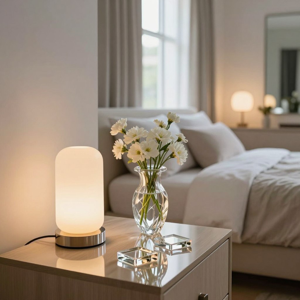 A beautifully styled bedroom featuring elegant glass accessories, including a sleek bedside lamp with a soft amber glow, a crystal-clear vase filled with delicate white flowers, and a set of geometric glass coasters on a minimalist wooden nightstand. In the foreground, gentle reflections from the glass objects create a captivating interplay of light. The middle of the scene reveals a plush bed with soft, neutral linens, positioned against a large window that allows natural light to filter in, enhanced by layered artificial lighting. The background includes softly glowing wall sconces and a stunning mirrored accent wall, contributing to an airy, serene atmosphere. The overall mood is modern and tranquil, ideal for illustrating a stylish, contemporary glass-themed bedroom. The image will be captured from a slightly elevated angle, allowing a comprehensive view of the accessories and lighting effects.