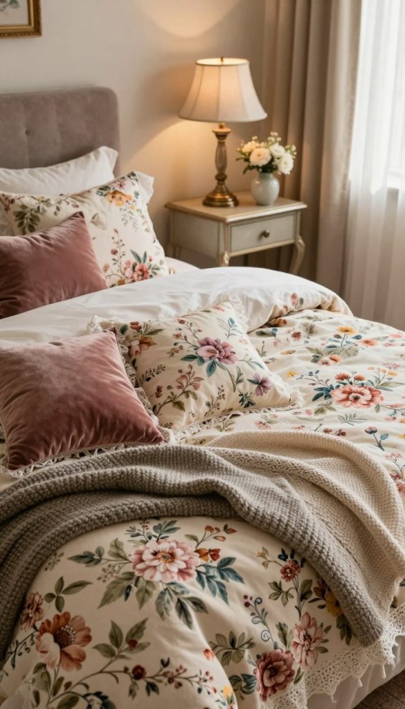 A beautifully styled bedroom featuring floral print bedding, emphasizing rich, vintage patterns with elegant blooms in soft pastels and deep jewel tones. The foreground showcases a luxurious, layered textile arrangement on the bed, integrating various textures like velvet cushions, a knitted throw, and a delicate lace overlay. In the middle ground, a charming bedside table is adorned with a vintage lamp and a small vase of fresh flowers, adding to the romantic ambiance. The background reveals soft, light-filtering curtains, allowing warm sunlight to bathe the room in a gentle glow. The overall atmosphere is cozy and inviting, evoking a sense of tranquility and nostalgia, captured from a slightly elevated angle to provide depth and clarity to the entire scene.