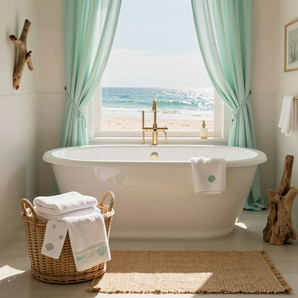 A beautifully styled coastal bathroom, featuring soft pastel hues of seafoam green and sandy beige. In the foreground, delicate cotton bath towels with subtle seashell patterns are neatly arranged on a wicker basket. The middle ground showcases a freestanding tub surrounded by light, airy curtains billowing slightly as if in a gentle ocean breeze. Textures inspired by nature, such as driftwood accents and a jute rug, enhance the atmosphere. In the background, a large window reveals a serene view of the beach, drenched in warm, natural light that casts soft shadows. The mood is tranquil and inviting, embodying the essence of a refreshing day at the beach indoors. A beautifully styled coastal bathroom, featuring soft pastel hues of seafoam green and sandy beige. In the foreground, delicate cotton bath towels with subtle seashell patterns are neatly arranged on a wicker basket. The middle ground showcases a freestanding tub surrounded by light, airy curtains billowing slightly as if in a gentle ocean breeze. Textures inspired by nature, such as driftwood accents and a jute rug, enhance the atmosphere. In the background, a large window reveals a serene view of the beach, drenched in warm, natural light that casts soft shadows. The mood is tranquil and inviting, embodying the essence of a refreshing day at the beach indoors.