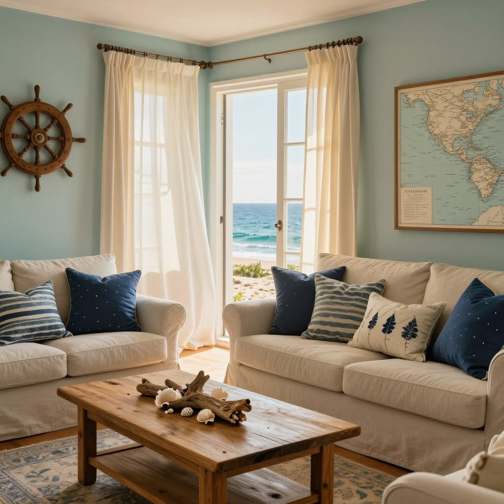 A beautifully styled coastal living room featuring subtle nautical accents that enhance its character. In the foreground, a cozy, light-colored sofa adorned with a collection of pillows in shades of navy blue and ocean-inspired motifs. A rustic wooden coffee table, accentuated with seashells and driftwood decorations, invites a relaxed atmosphere. In the middle ground, airy curtains billow softly from an open window, allowing warm, golden sunlight to filter in and create a serene glow. The background showcases a soft color palette of sandy beige and oceanic teal walls, adorned with maritime wall art, like ship wheels and coastal maps. The overall mood is tranquil and inviting, perfectly embodying the essence of beach vibes in a home setting. The composition emphasizes light, warmth, and a harmonious balance of natural elements.