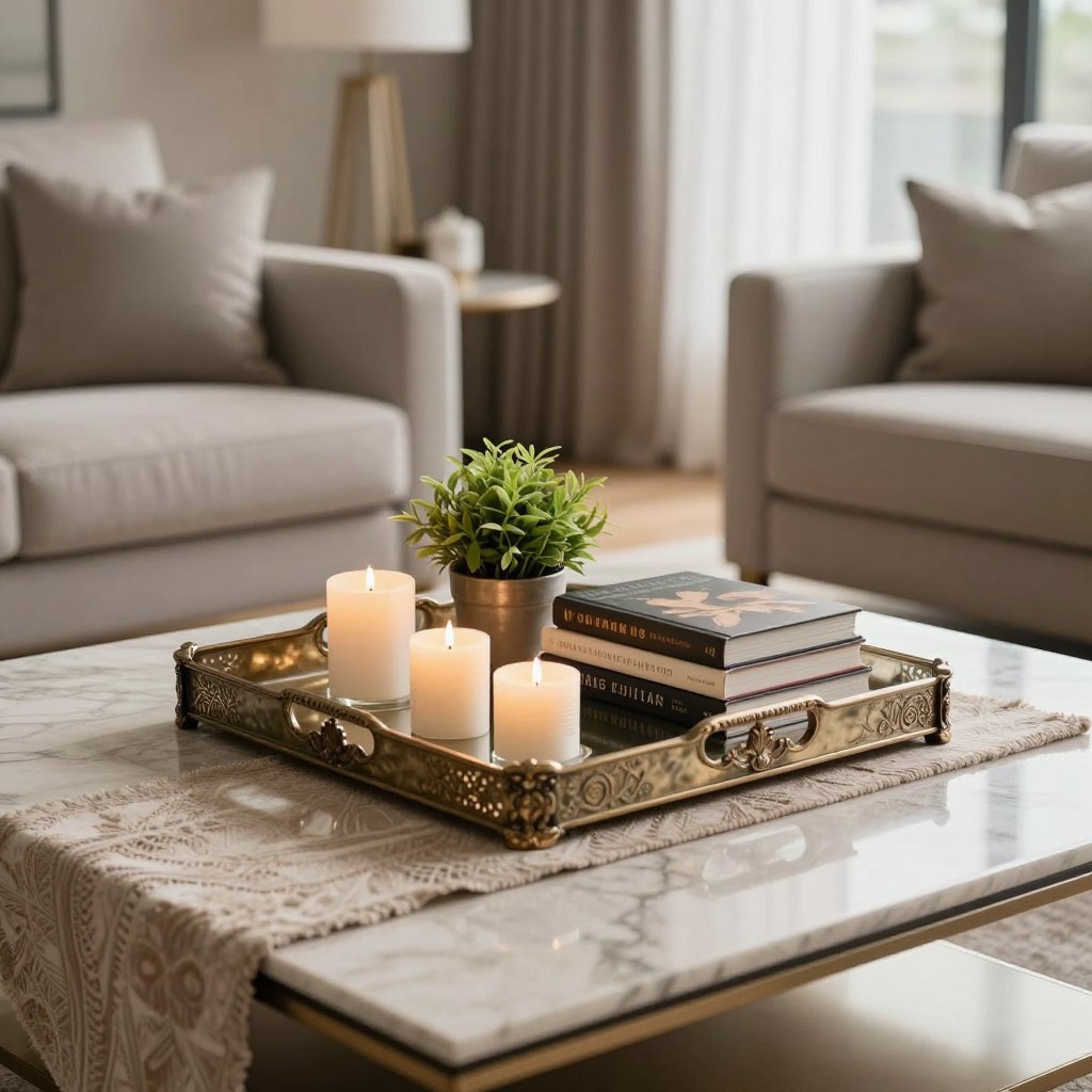 A beautifully styled coffee table featuring a luxurious statement tray at its center. The foreground showcases an ornate, metallic tray adorned with elegant decorative items such as candles, a small potted plant, and a stylish stack of designer books. In the middle, the tabletop is adorned with a textured runner that adds warmth, complementing the tray and the decorative pieces. The background subtly features a tastefully decorated living room with a cozy armchair and soft lighting that creates an inviting atmosphere. The natural light filters through sheer curtains, casting gentle shadows, enhancing the arrangement's sophistication. The overall mood is serene and upscale, capturing the essence of refined home decor. Focus on a wide-angle view to encompass the entire coffee table setting while maintaining a crisp, high-quality image.