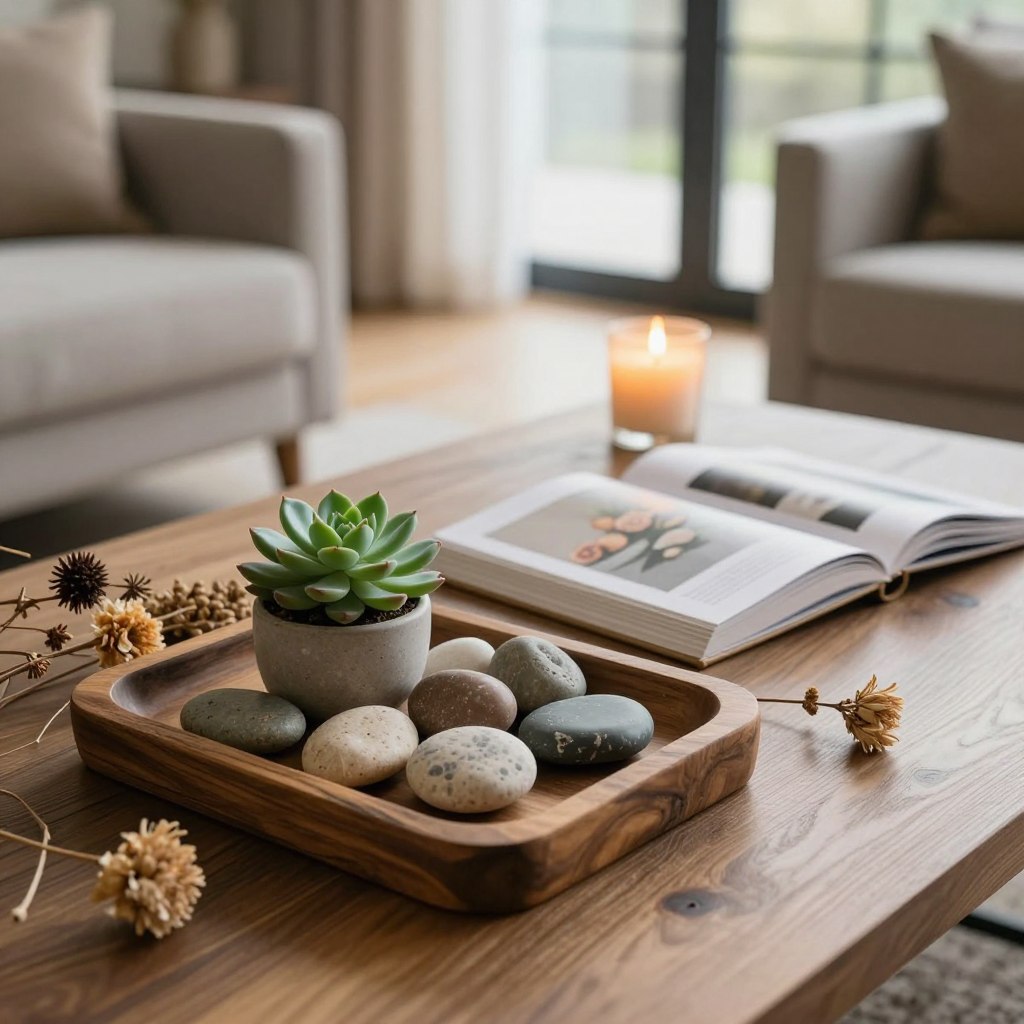 A beautifully styled coffee table is filled with organic elements, emphasizing natural beauty and luxury. In the foreground, a rustic wooden tray holds a cluster of decorative stones and a small potted succulent, its vibrant green contrasting against muted earth tones. Surrounding the tray, scattered dried flowers and branches add texture and warmth. In the middle, a stylish coffee table book lies open, showcasing elegant imagery, while a subtle candle flickers softly, casting a warm golden glow. The background features a softly blurred living room scene with large windows allowing natural light to fill the space, enhancing the cozy, inviting atmosphere. The overall mood is serene and sophisticated, showcasing the art of incorporating organic elements into home decor.