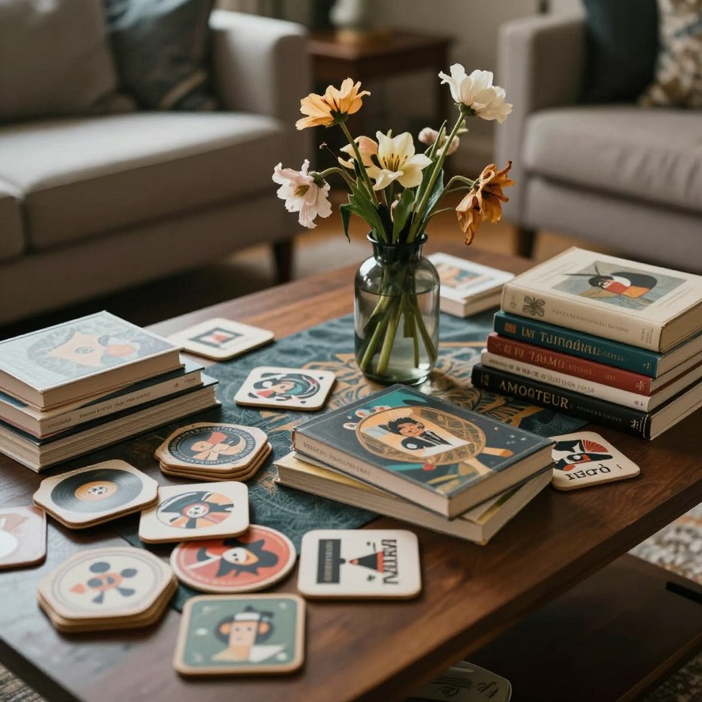 A beautifully styled coffee table scene, highlighting five common styling mistakes that scream "amateur". In the foreground, a cluttered arrangement of mismatched coasters, an overcrowded stack of books, and gaudy decorative items are poorly placed together. In the middle, a coffee table runner with contrasting colors disrupts the harmony, while an awkwardly positioned single vase with wilted flowers adds to the chaos. In the background, a dimly lit room with an uninviting color palette creates a lack of warmth and sophistication. Use soft, diffused lighting to enhance the muted tones, focusing on capturing the disorganized elements, while maintaining a sense of elegance to contrast against the mistakes represented. The overall ambiance should feel tense and uninviting, effectively illustrating amateur styling choices.