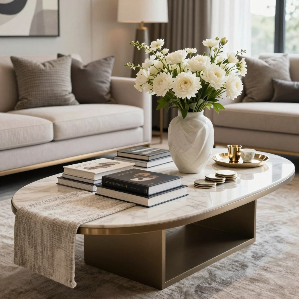 A beautifully styled coffee table, tailored to its unique oval shape, adorned with an elegant arrangement of decor. In the foreground, a soft, textured table runner in neutral tones complements the table's surface. Artistically placed, a stack of high-end coffee table books in varying sizes sits beside a chic sculptural vase filled with fresh white flowers. The middle ground showcases polished metallic accents, such as a decorative tray and a set of coasters, subtly reflecting soft ambient light. In the background, a tastefully decorated living room setting is visible, featuring a plush sofa and contemporary art on the walls. Warm, natural light filters through a nearby window, creating an inviting atmosphere, accentuating the luxury and sophistication of the scene.