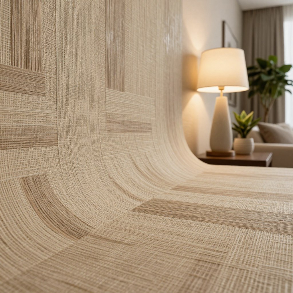 A beautifully styled interior featuring textured natural material wallpaper that conveys warmth and sophistication. The foreground showcases a close-up of the wallpaper, highlighting intricate details such as woven fibers, rustic wooden patterns, and subtle earthy tones. In the middle ground, soft, ambient lighting cascades from a stylish lamp, creating a cozy atmosphere and casting gentle shadows that accentuate the texture. The background features hints of modern decor—elegant potted plants and minimalistic furnishings—complementing the natural theme. The image captures a serene and inviting mood, perfect for inspiring the idea of luxury and comfort in interior design. The perspective should evoke a sense of depth, emphasizing the tactile quality of the wallpaper while maintaining a clean and uncluttered aesthetic.