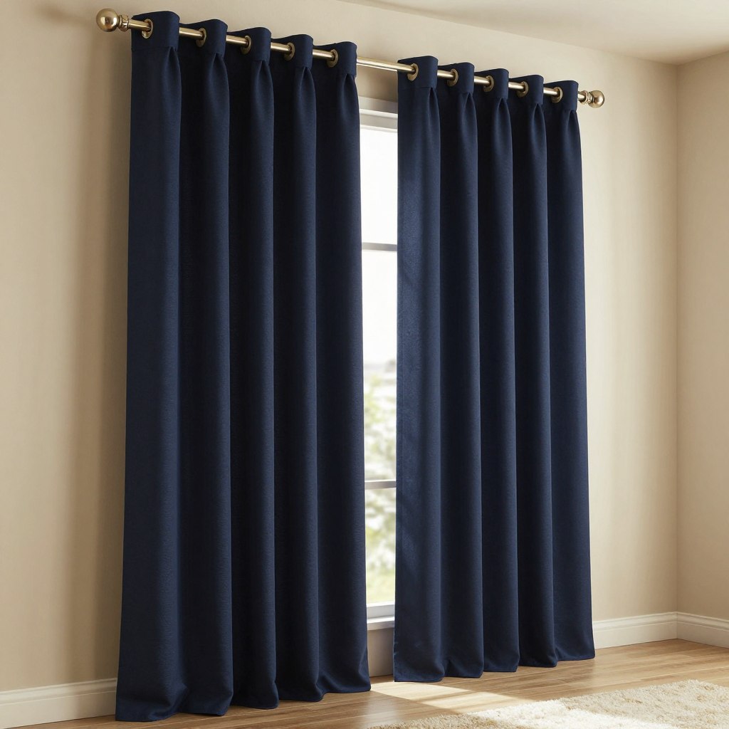 A beautifully styled interior showcasing an elegantly arranged set of blackout curtains with wraparound rods. The curtains are deep navy blue, luxuriously flowing to the floor, effectively blocking out light. The wraparound and return rods are brushed nickel, gleaming softly under warm, ambient lighting that creates a cozy, inviting atmosphere. The curtains are draped gracefully to highlight their thickness and texture, emphasizing the functional elegance they bring to a room. In the background, a softly blurred window reveals a hint of a bright sunny day, contrasting with the darkened room. The image is captured from a slightly elevated angle to provide a comprehensive view of the curtains, highlighting their design and functionality, with a focus on clean lines and modern decor. The mood is serene and stylish.