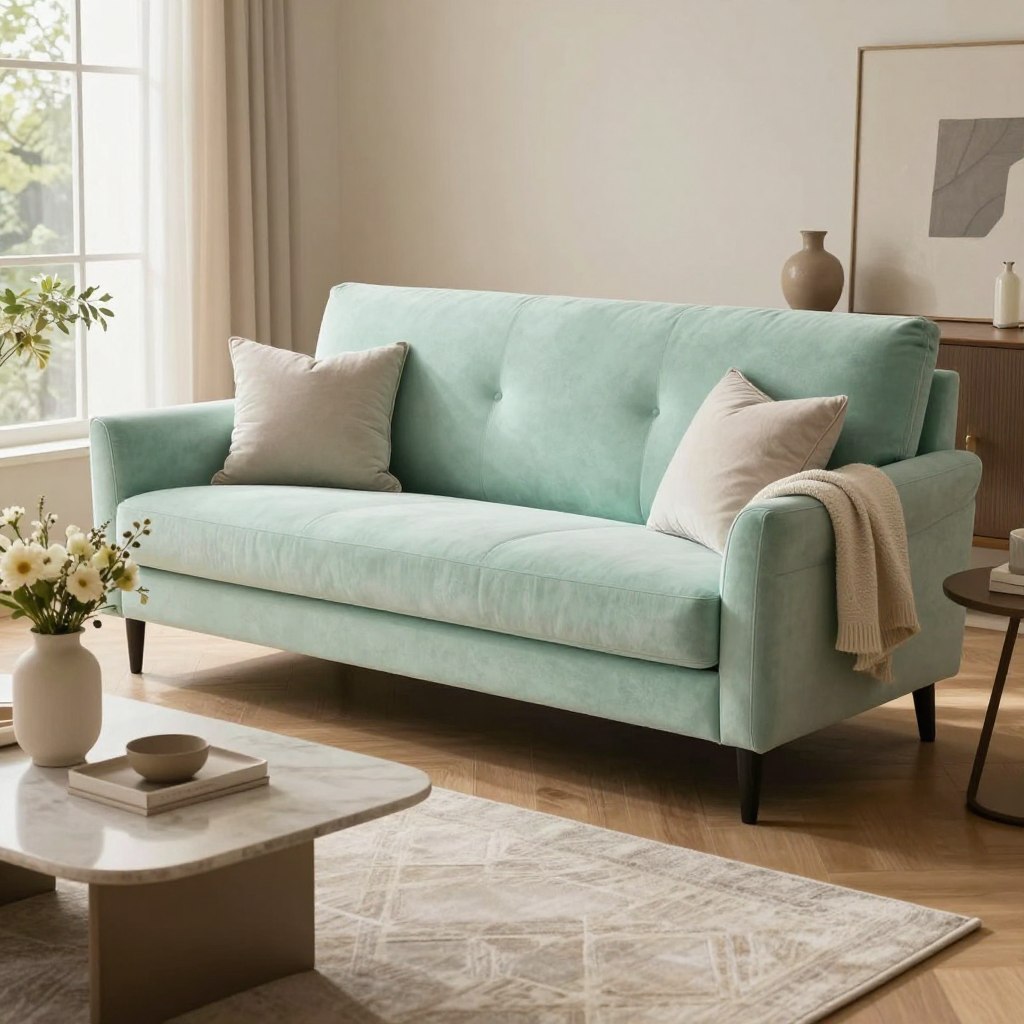 A beautifully styled living room featuring a pastel sofa as the centerpiece, rendered in soft mint green with elegant, flowing lines. In the foreground, a stylish coffee table adorned with decorative items like a light-colored vase filled with fresh flowers and a cozy throw blanket draped over the arm of the sofa. The middle of the image showcases the sofa paired with neutral-toned accent pillows and a chic rug underneath, all enhancing the calm aesthetic. In the background, large windows let in warm, natural light, illuminating the space and creating a serene atmosphere. The scene is captured from a slight angle to emphasize depth and texture, evoking a sophisticated yet inviting mood suitable for a designer showcase.