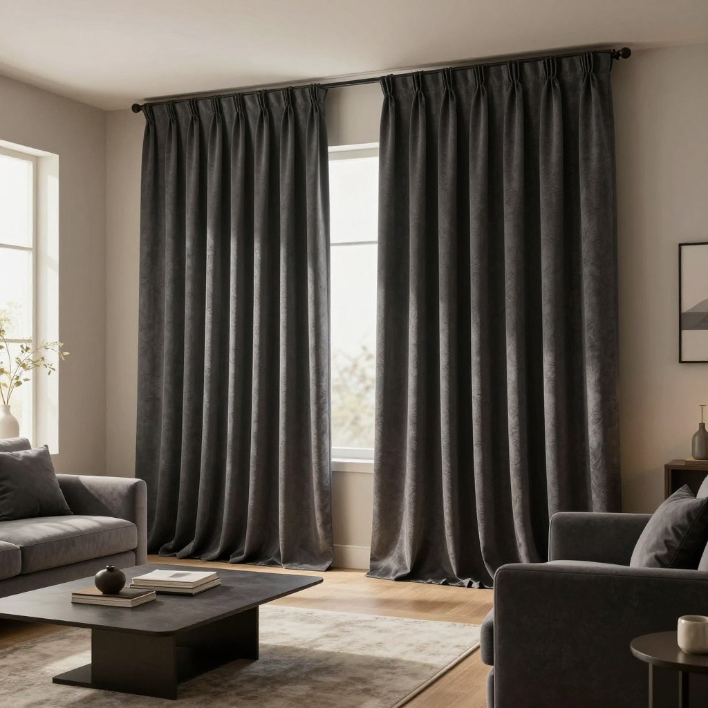 A beautifully styled living room featuring bold charcoal curtains that drape elegantly from the ceiling to the floor, creating a grounding focal point. The curtains are textured, with a soft sheen that catches the ambient light, enhancing their depth and richness. In the foreground, a plush, modern sofa in a complementary color contrasts with the dark curtains. In the middle ground, a minimalist coffee table sits atop a light area rug, adorned with subtle decorative items. The background features neutral-toned walls and a large window, allowing natural light to filter in softly, casting gentle shadows that enhance the cozy atmosphere. The image is illuminated with warm, diffused lighting, creating an inviting and stylish ambiance perfect for any living room setting.