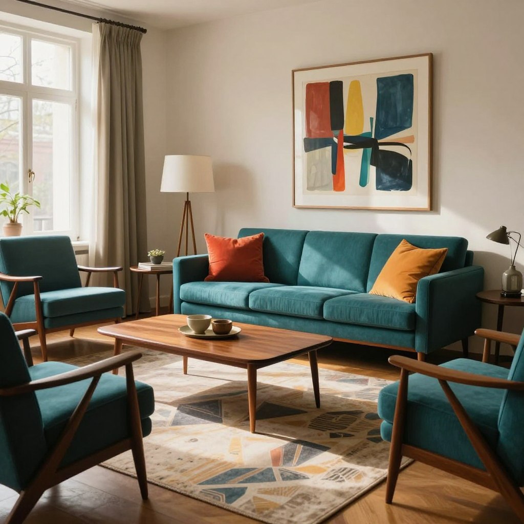 A beautifully styled living room featuring vintage mid-century modern furniture. In the foreground, a sleek, walnut coffee table complements a pair of geometric patterned armchairs, upholstered in rich teal fabric. The middle-ground showcases a stylish sofa with tapered legs, adorned with vibrant throw pillows. A bold, abstract art piece hangs on the wall, enhancing the vintage charm. In the background, large windows filter warm natural light, casting soft shadows that create a cozy atmosphere. The room is decorated with a mix of contemporary decor elements, such as a minimalist floor lamp and a modern area rug, blending seamlessly with the vintage finds. The overall mood is inviting and sophisticated, portraying a harmonious blend of old and new, perfect for a timeless living space.