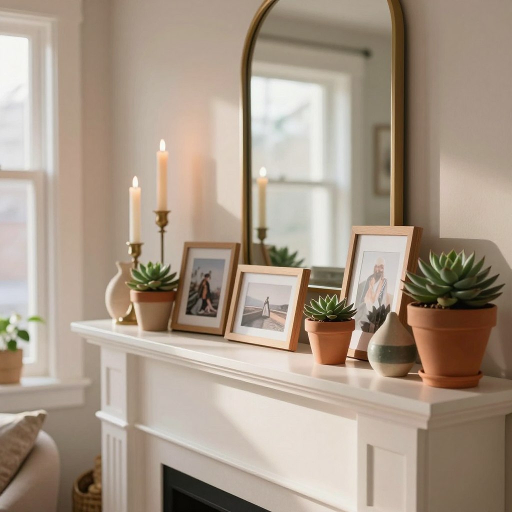 A beautifully styled living room mantle showcasing budget-friendly decor ideas. In the foreground, an inviting mantle adorned with a mix of potted succulents, framed photographs in simple wooden frames, and a few handmade decorations like painted terracotta pots. The middle ground features a stylish candle arrangement, with varying heights and designs, creating an inviting ambiance. In the background, a warm, soft-lit glow emanates from a wall-mounted mirror, reflecting the cozy atmosphere. The color palette consists of earth tones and soft pastels, enhancing the homey feel. The scene is captured with a slightly tilted angle to add depth, and natural sunlight streams in from a nearby window, creating gentle highlights on the decor and emphasizing the warmth of the space. The overall mood is relaxed, inviting, and creative. A beautifully styled living room mantle showcasing budget-friendly decor ideas. In the foreground, an inviting mantle adorned with a mix of potted succulents, framed photographs in simple wooden frames, and a few handmade decorations like painted terracotta pots. The middle ground features a stylish candle arrangement, with varying heights and designs, creating an inviting ambiance. In the background, a warm, soft-lit glow emanates from a wall-mounted mirror, reflecting the cozy atmosphere. The color palette consists of earth tones and soft pastels, enhancing the homey feel. The scene is captured with a slightly tilted angle to add depth, and natural sunlight streams in from a nearby window, creating gentle highlights on the decor and emphasizing the warmth of the space. The overall mood is relaxed, inviting, and creative.