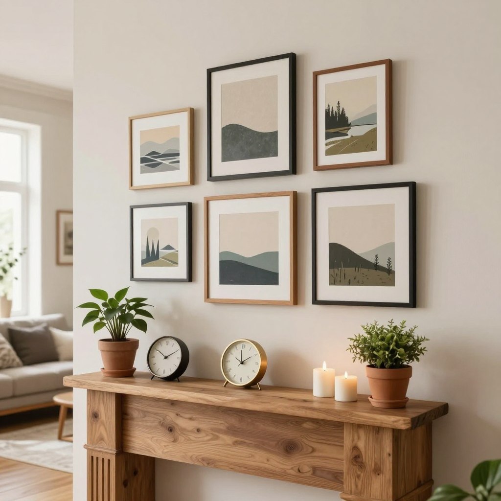 A beautifully styled mantel shelf decor showcasing a gallery wall theme. In the foreground, an elegant mantel made of rustic wood adorned with carefully arranged decorative items such as potted plants, a chic clock, and a few carefully placed candles. The middle section features an array of framed art pieces in various sizes, harmoniously linked by their complementary frames and colors. Each artwork represents a different style, from abstract to minimalist landscapes. In the background, a cozy living room setting with soft lighting creates an inviting atmosphere. The image is taken from a slightly elevated angle, enhancing the decor's depth and visual interest. The warm tones of the room, paired with gentle natural light streaming from a nearby window, evoke a relaxing and artistic vibe.