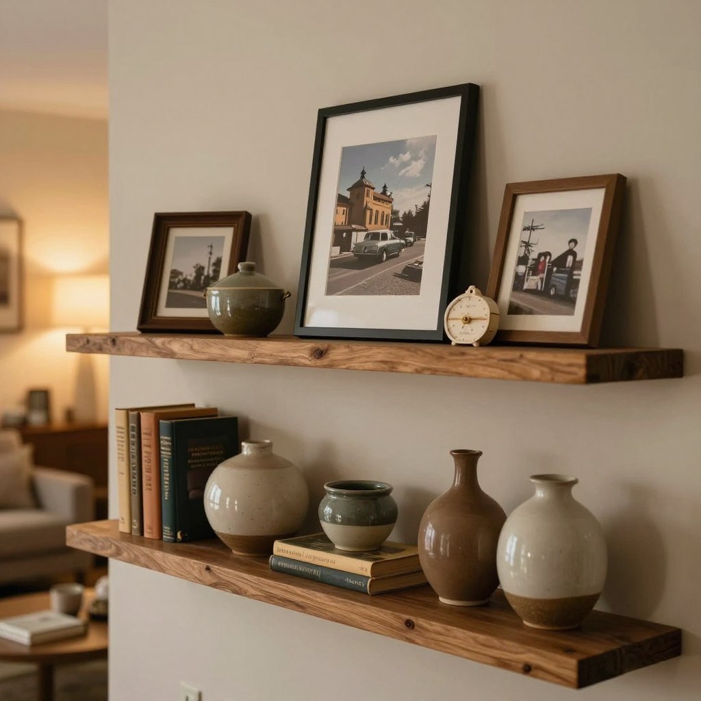 A beautifully styled mantel shelf featuring an array of curated collections that tell a personal story. In the foreground, an assortment of vintage books with a coffee table arrangement of ceramic vases, each showcasing unique textures and subtle colors. In the middle, a collection of framed photographs and travel souvenirs placed strategically to create visual interest. The background displays a softly lit living room with warm, ambient lighting, enhancing the cozy and inviting atmosphere. A rustic wooden mantel and a neutral wall provide a soothing backdrop, drawing attention to the décor. The angle captures the shelf from a slight elevation, giving a clear view of the items while retaining an intimate feel. The mood is warm, personal, and reflective.