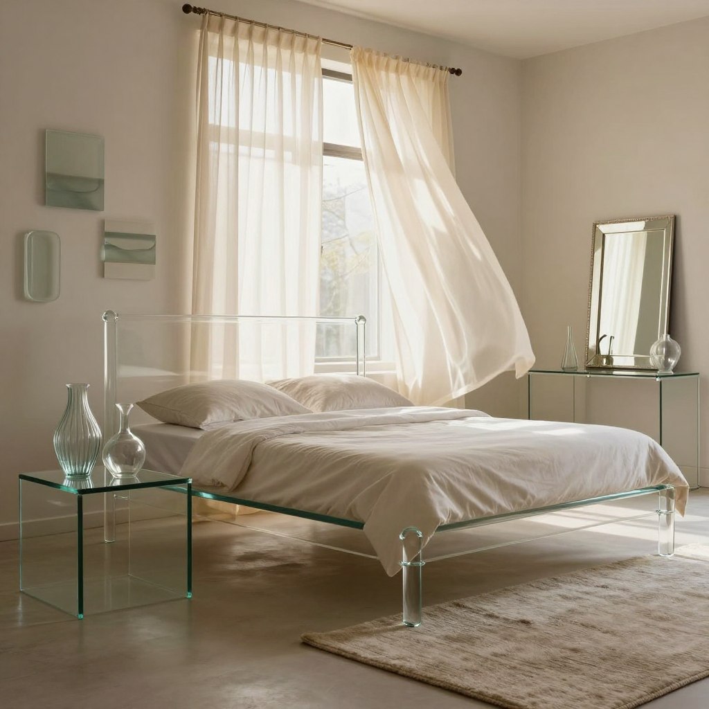 A beautifully styled modern bedroom featuring elegant glass decor elements, such as a sleek glass bed frame and decorative glass vases on a minimalist nightstand. In the foreground, showcase a delicately framed mirror reflecting natural light. The middle ground includes airy sheer curtains gently blowing in a subtle breeze, accompanied by a plush area rug with soft textures. The background reveals a serene, light-colored wall adorned with abstract glass art pieces that enhance the sleek, airy aesthetic. The lighting is soft and warm, creating a cozy atmosphere, with sunlight filtering through the curtains. The angle is slightly elevated, providing a comprehensive view of the room's decor. Aim for a refined, tranquil mood that embodies comfort and modernity, making the space feel inviting and homey. A beautifully styled modern bedroom featuring elegant glass decor elements, such as a sleek glass bed frame and decorative glass vases on a minimalist nightstand. In the foreground, showcase a delicately framed mirror reflecting natural light. The middle ground includes airy sheer curtains gently blowing in a subtle breeze, accompanied by a plush area rug with soft textures. The background reveals a serene, light-colored wall adorned with abstract glass art pieces that enhance the sleek, airy aesthetic. The lighting is soft and warm, creating a cozy atmosphere, with sunlight filtering through the curtains. The angle is slightly elevated, providing a comprehensive view of the room's decor. Aim for a refined, tranquil mood that embodies comfort and modernity, making the space feel inviting and homey.