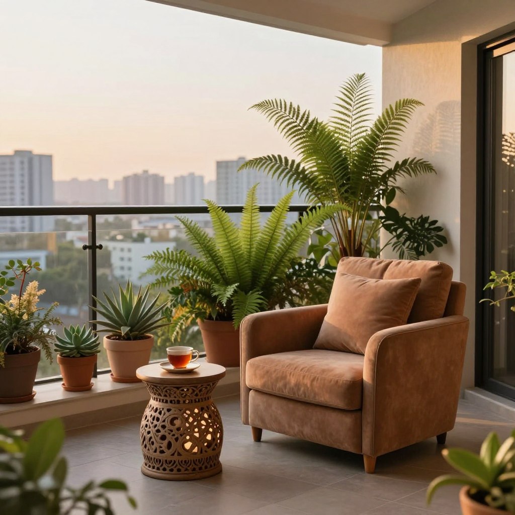 A beautifully styled outdoor balcony featuring cozy seating arrangements. In the foreground, a plush, inviting armchair with soft cushions in earthy tones sits next to a small, intricately designed side table with warm tea or coffee. The middle ground displays lush greenery, with potted plants of various heights and textures, including ferns and succulents, adding a vibrant touch. In the background, a softly blurred view of a city skyline with warm golden hour lighting casts a serene atmosphere. The overall mood is tranquil and inviting, perfect for relaxation. The image captures a wide-angle perspective, emphasizing the spaciousness of the balcony while showcasing the elegant decor.