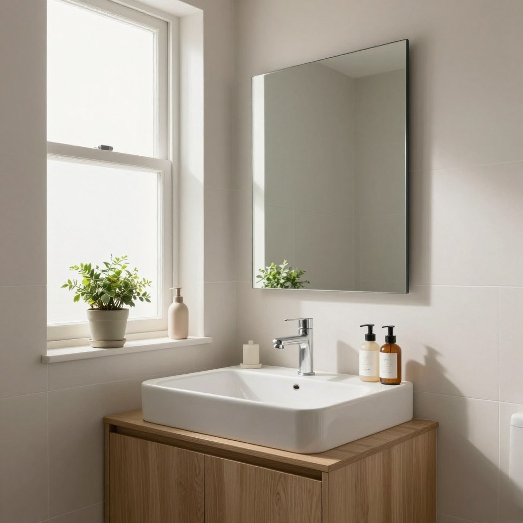 A beautifully styled small bathroom featuring a palette of light neutral paint colors, such as soft beige, light gray, and creamy white. In the foreground, a sleek, modern sink with minimalistic fixtures sits atop a wooden vanity. The middle ground showcases a large mirror reflecting natural light streaming in from a frosted window, enhancing the airy atmosphere. Delicate touches like potted plants and neatly arranged toiletries add warmth and charm. The background includes subtly textured wall tiles that harmonize with the paint colors, creating a cohesive look. The lighting is soft and diffused, emphasizing the tranquility of the space. Capture the overall mood of calmness and openness, perfect for small bathrooms looking to maximize light and serenity. The angle is slightly elevated, providing a comprehensive view of the design elements in harmony.