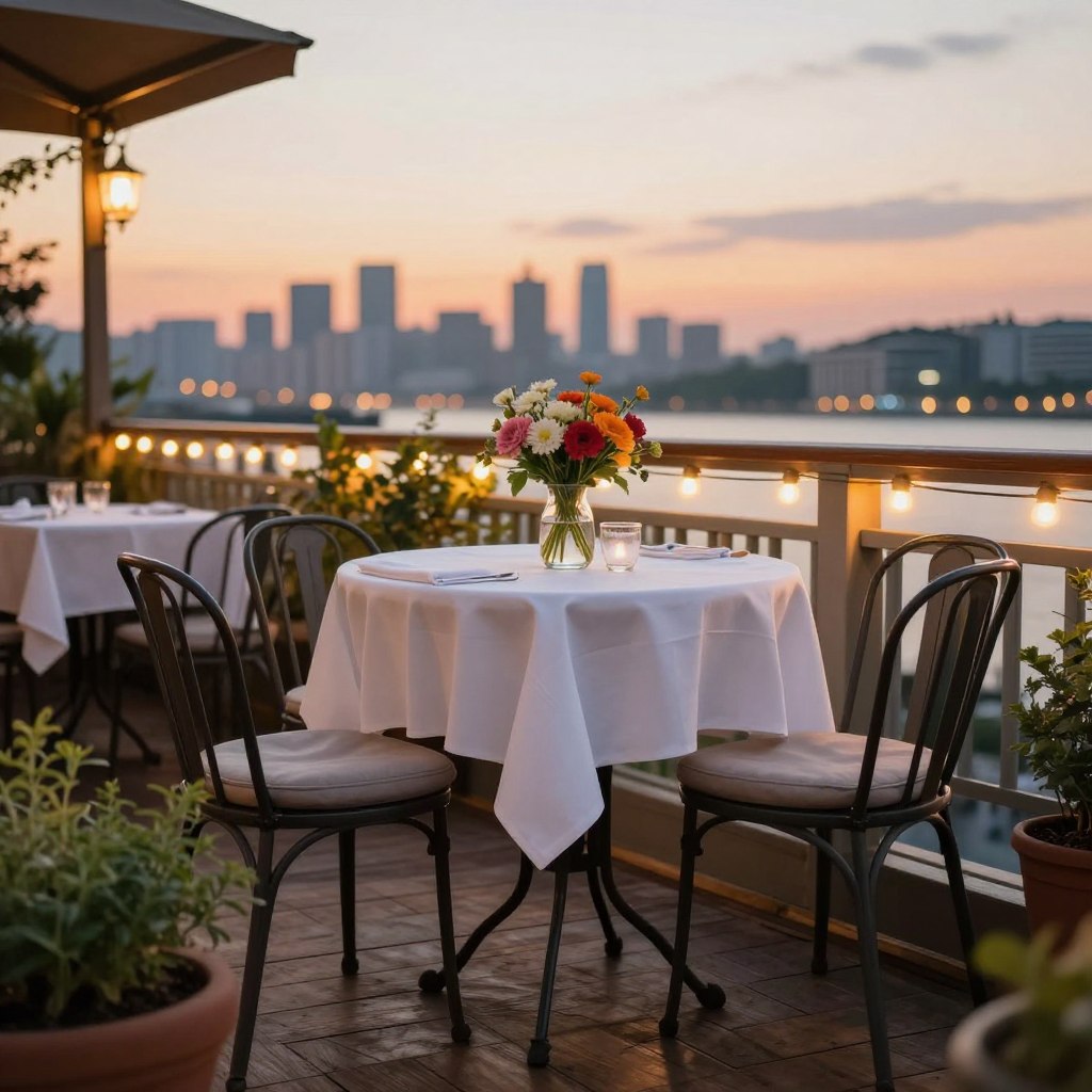 A bistro-style terrace with elegant decor, featuring a round wrought-iron table adorned with a crisp white tablecloth and a bouquet of vibrant flowers in a glass vase. Surround the table with two stylish metal chairs with plush cushions, and include a small potted herb garden in the foreground. In the middle ground, add string lights gently illuminating the scene, casting a warm glow on the rustic wooden floor. The background showcases a beautiful city skyline, with soft sunset colors blending in the sky, enhancing the tranquil atmosphere. Use natural soft lighting to create a cozy, inviting mood, captured from a slightly elevated angle to provide depth and perspective. Ideal for an intimate dining experience, evoking a sense of relaxation and charm.