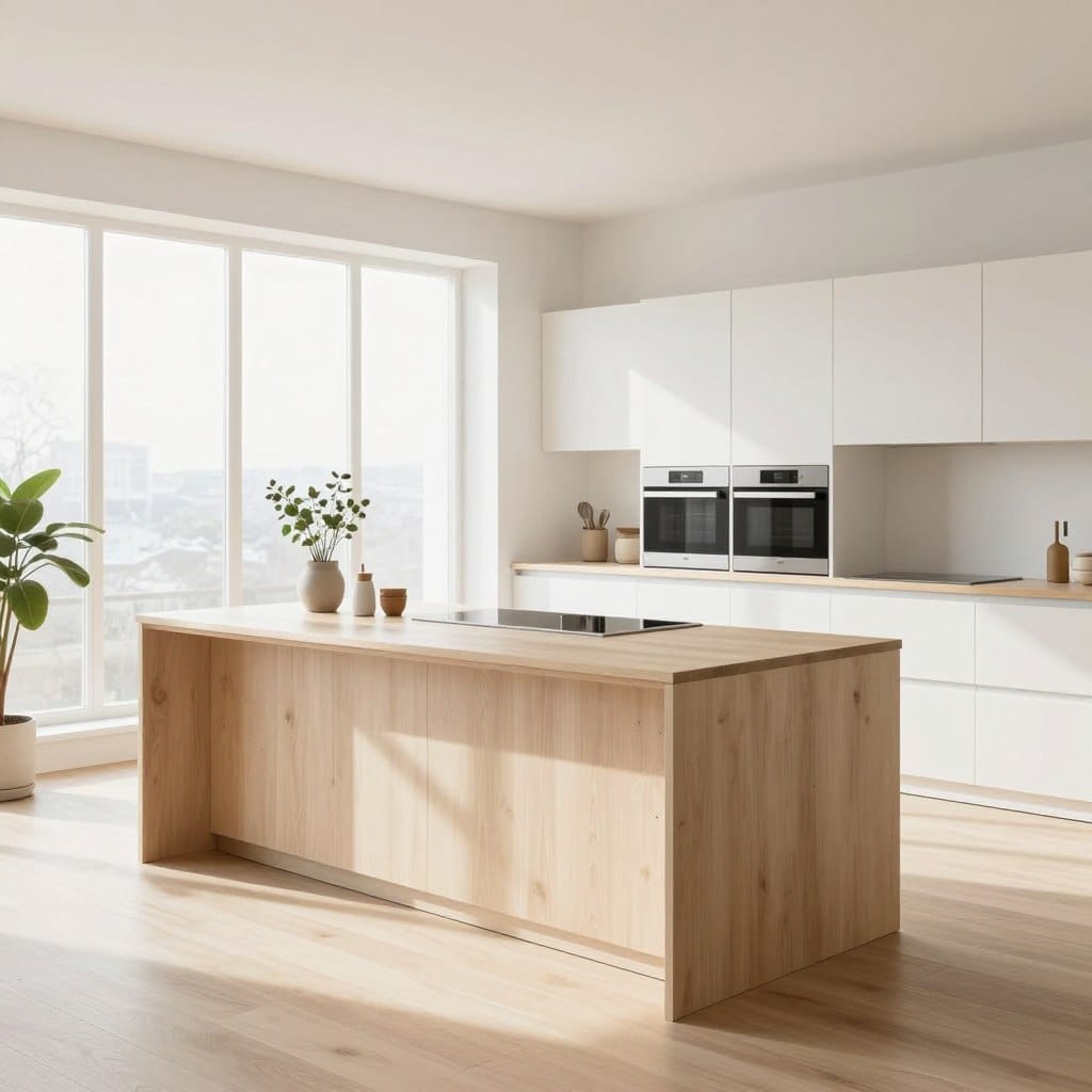A bright Scandinavian kitchen island featuring light wood with a minimalist design, showcasing clean lines and an open layout. In the foreground, the island is adorned with a few neatly arranged kitchen utensils and a small potted plant, adding a touch of greenery. The middle ground includes sleek cabinetry with a soft white finish and modern appliances seamlessly integrated into the design. Large windows in the background flood the space with natural light, casting gentle shadows across the light-colored wooden floors. The atmosphere is tranquil and inviting, highlighting the serene aesthetic. Capture the image from a slightly elevated angle to emphasize the spaciousness and airy feel of the room, ensuring a calm and uncluttered environment that embodies Scandinavian design principles.