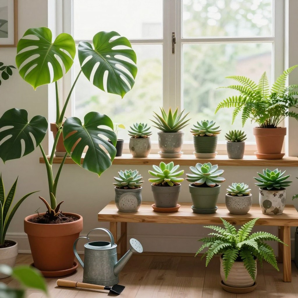 A bright, airy indoor setting showcasing a variety of indoor plants arranged on wooden shelves and tables. In the foreground, a well-maintained potted monstera, with its large, vibrant green leaves, stands beside a watering can and gardening tools. In the middle, a variety of smaller plants like succulents and ferns are displayed in decorative pots, emphasizing their unique shapes and textures. The background features a large window letting in soft, natural light, enhancing the healthy appearance of the plants. The atmosphere is calm and nurturing, inviting viewers to engage with the care of these plants. Capture this scene with a warm color palette, using a wide-angle lens to emphasize depth, creating a cozy, inviting mood.