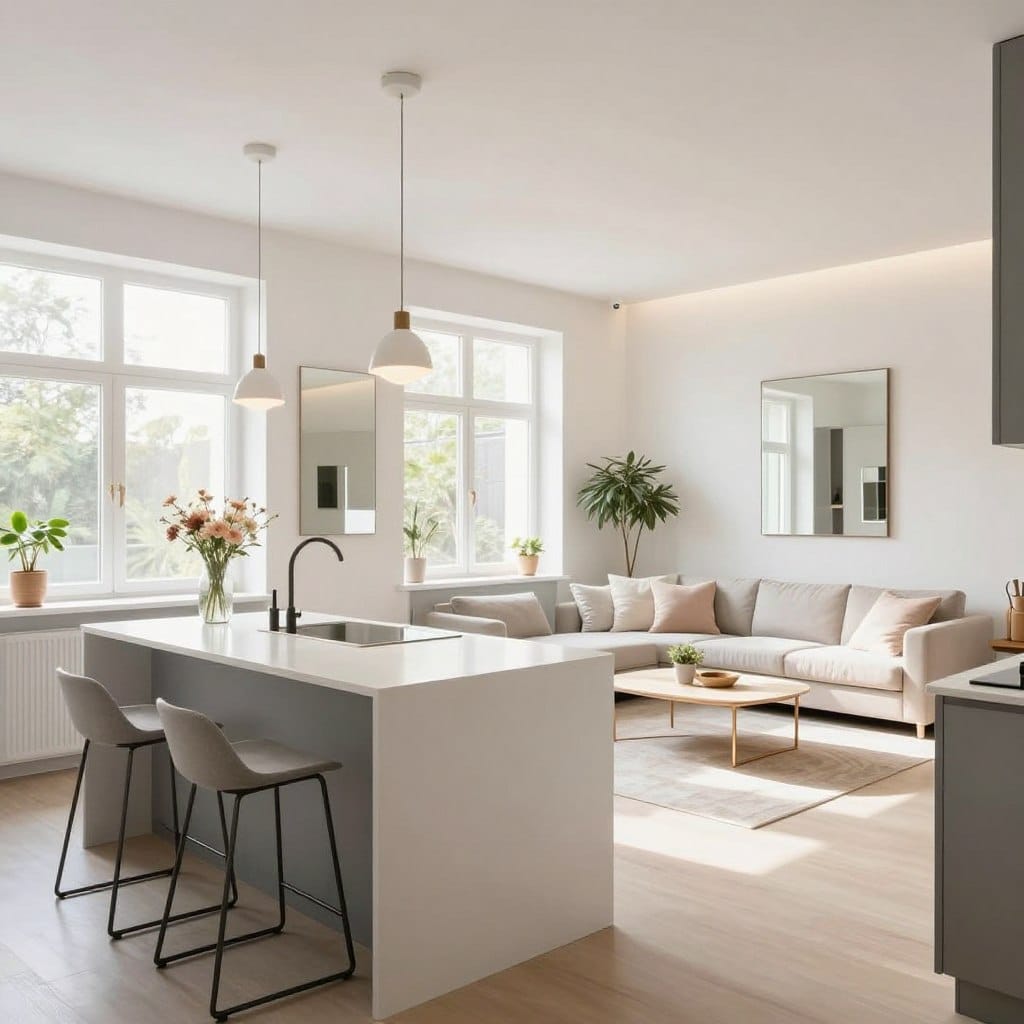 A bright, airy open plan kitchen living room designed to maximize space and light. The foreground features a sleek kitchen island with a white countertop, surrounded by modern bar stools. In the middle, large windows allow natural light to pour in, enhancing the sense of openness. Mirrors cleverly placed on the walls reflect light, creating an illusion of spaciousness. The living area showcases a comfortable sofa adorned with light pastel cushions and a minimalist coffee table. Soft, warm lighting highlights key areas, with pendant lights hanging gracefully from the ceiling. The color palette is a mix of whites and soft grays with touches of greenery, exuding a fresh, inviting atmosphere. The overall mood is modern and uplifting, perfect for a stylish small-space living.