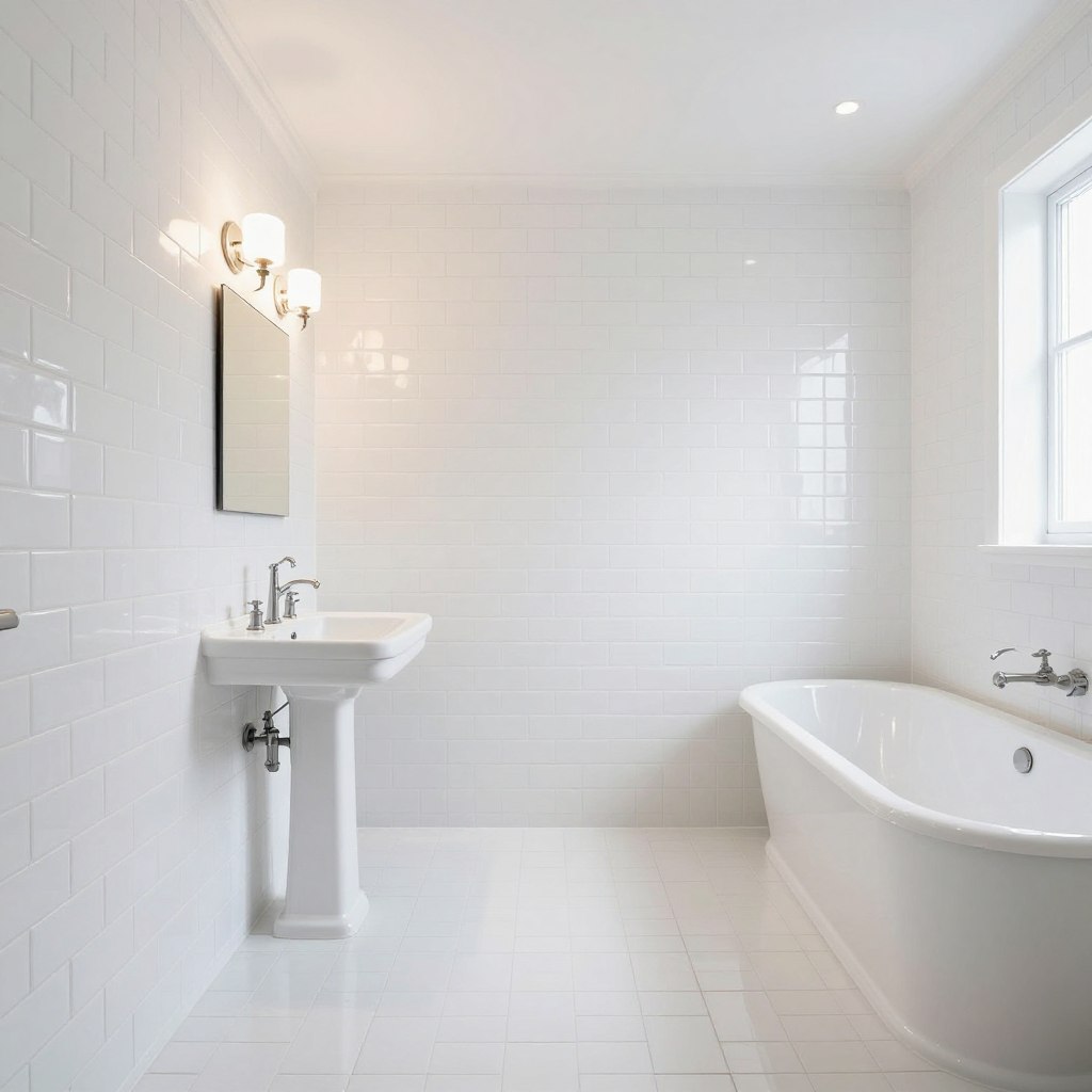 A bright and airy bathroom featuring high-reflectance pure white subway tiles covering the walls and floor, creating a seamless and clean look. Elegant white fixtures, including a modern sink and a sleek bathtub, add sophistication. The lighting is soft and natural, coming from an overhead fixture and strategically placed sconces that illuminate the space evenly, creating a welcoming atmosphere. The scene captures a wide angle, emphasizing the spaciousness and brightness of the room, with shadows adding depth without compromising the light feeling. Subtle reflections in the tiles enhance the sense of brightness. The overall mood is tranquil, fresh, and inviting, perfect for a classic bathroom design. No people are present in the image, ensuring a focus on the bathroom's aesthetic. A bright and airy bathroom featuring high-reflectance pure white subway tiles covering the walls and floor, creating a seamless and clean look. Elegant white fixtures, including a modern sink and a sleek bathtub, add sophistication. The lighting is soft and natural, coming from an overhead fixture and strategically placed sconces that illuminate the space evenly, creating a welcoming atmosphere. The scene captures a wide angle, emphasizing the spaciousness and brightness of the room, with shadows adding depth without compromising the light feeling. Subtle reflections in the tiles enhance the sense of brightness. The overall mood is tranquil, fresh, and inviting, perfect for a classic bathroom design. No people are present in the image, ensuring a focus on the bathroom's aesthetic.