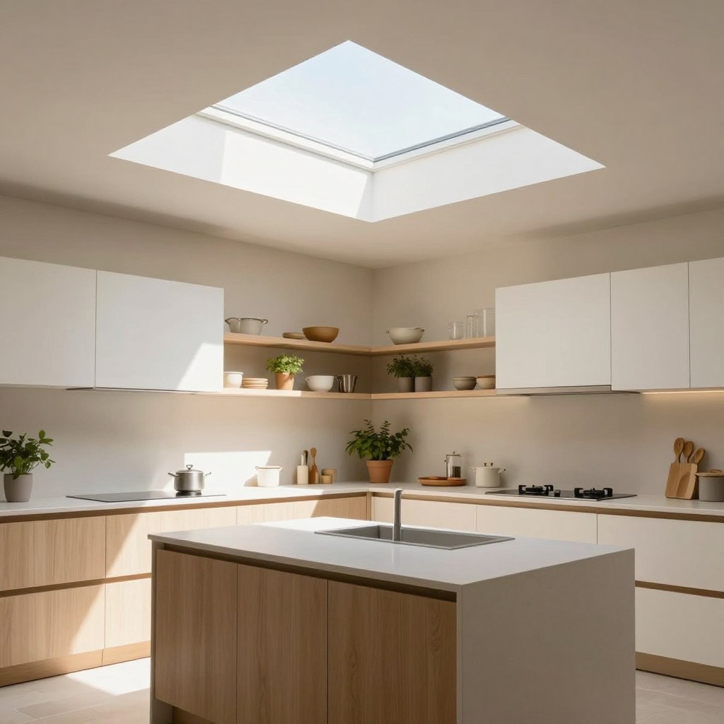 A bright and airy minimalist kitchen featuring a central square skylight that floods the space with natural light. The kitchen showcases clean lines, soft neutral colors, and sleek cabinetry made of light wood and white finishes. In the foreground, a modern, spacious island with a smooth countertop invites culinary creativity. The middle-ground reveals well-organized shelves with essential cooking tools and beautifully arranged potted herbs. In the background, soft sunlight casts gentle shadows, enhancing the warm and welcoming atmosphere. The scene is viewed from a low angle to emphasize the skylight above, capturing sunlight streaming through and illuminating the room. The overall mood is serene and inviting, ideal for a cozy culinary experience.