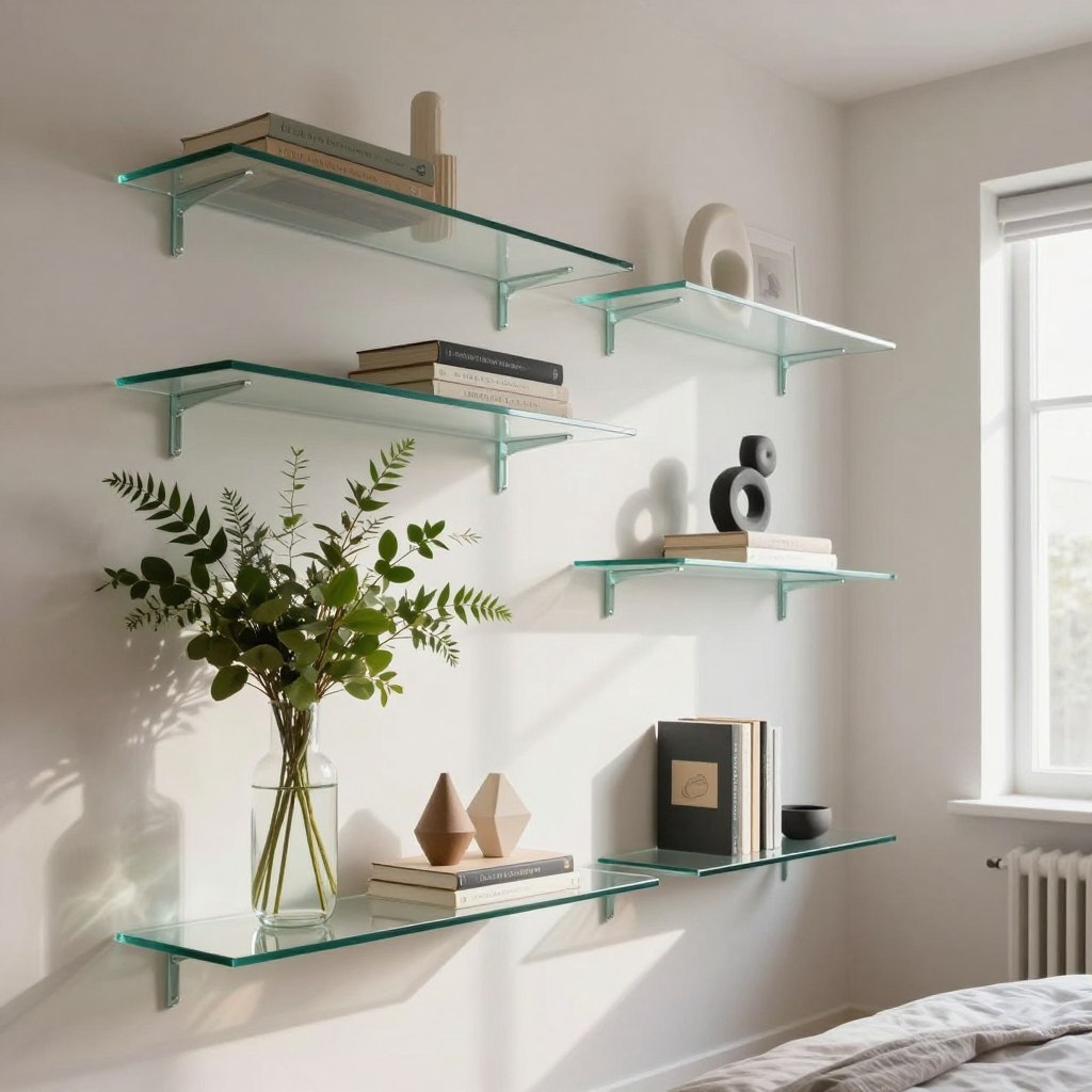 A bright and airy modern bedroom featuring elegant glass shelves styled with decorative accents. The foreground displays a clear glass shelf adorned with a minimalist vase filled with fresh greenery and a few artful objects, such as geometric sculptures and stylish books, creating a harmonious arrangement. In the middle ground, the wall behind the shelves is light and neutral, enhancing the sleek aesthetic. Soft natural light streams in from a window, casting gentle shadows and highlighting the glass's reflective surfaces. The camera angle is slightly tilted downwards, focusing on the shelves while capturing the serene atmosphere of the entire room. The mood is calm and inviting, showcasing the beauty of glass accents in a contemporary bedroom setting. A bright and airy modern bedroom featuring elegant glass shelves styled with decorative accents. The foreground displays a clear glass shelf adorned with a minimalist vase filled with fresh greenery and a few artful objects, such as geometric sculptures and stylish books, creating a harmonious arrangement. In the middle ground, the wall behind the shelves is light and neutral, enhancing the sleek aesthetic. Soft natural light streams in from a window, casting gentle shadows and highlighting the glass's reflective surfaces. The camera angle is slightly tilted downwards, focusing on the shelves while capturing the serene atmosphere of the entire room. The mood is calm and inviting, showcasing the beauty of glass accents in a contemporary bedroom setting.