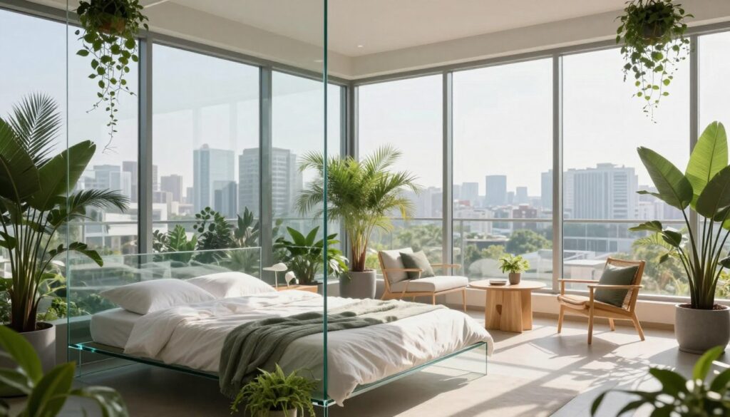 A bright and airy urban oasis glass bedroom, featuring large floor-to-ceiling windows that flood the room with natural light. The foreground showcases a modern glass bed framed with subtle greenery, such as potted plants and hanging vines, creating a harmonious connection with nature. In the middle ground, a stylish seating area with minimalist furniture and light wooden accents complements the glass architecture, enhancing the spacious feel. The background reveals a stunning cityscape visible through the transparent walls, hinting at urban life beyond. Soft, diffused sunlight casts gentle shadows, creating a serene and inviting atmosphere. This composition should evoke a sense of tranquility and modern elegance, perfect for a contemporary living space. The angle captures the room from a corner view, emphasizing both its openness and integration with the natural elements.