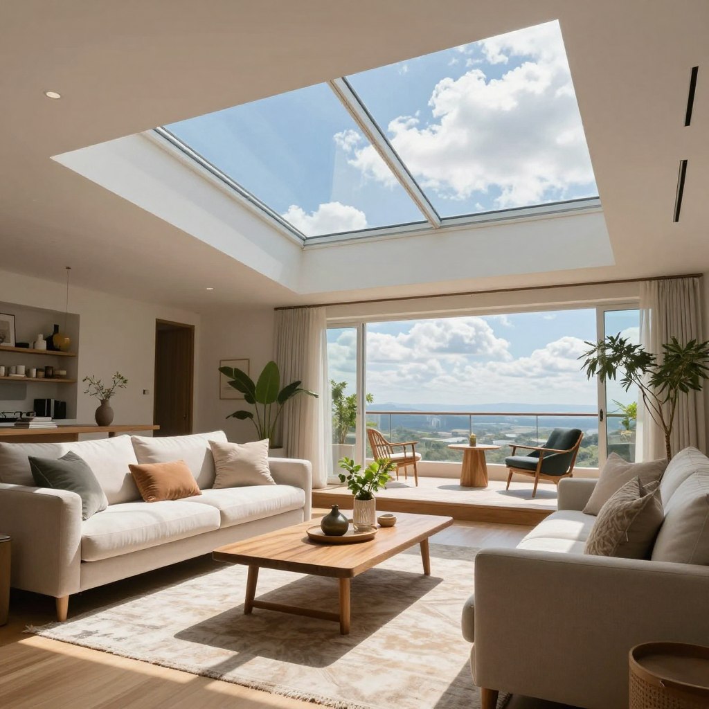 A bright and inviting living room featuring a large fixed skylight that allows natural light to flood the space. In the foreground, a cozy sofa adorned with elegant cushions sits comfortably next to a wooden coffee table with decorative plants. The middle layer reveals a stylish area rug, and an open layout showcasing modern furniture. Natural light streams from the skylight, creating soft shadows and highlighting the textures of the room. In the background, a serene view of blue skies and fluffy clouds is visible through the skylight, enhancing the airy feel of the space. The mood is warm and uplifting, reflecting the benefits of natural light in home applications. The camera is positioned at a slight angle to capture both the interior and the beautiful skyline above. A bright and inviting living room featuring a large fixed skylight that allows natural light to flood the space. In the foreground, a cozy sofa adorned with elegant cushions sits comfortably next to a wooden coffee table with decorative plants. The middle layer reveals a stylish area rug, and an open layout showcasing modern furniture. Natural light streams from the skylight, creating soft shadows and highlighting the textures of the room. In the background, a serene view of blue skies and fluffy clouds is visible through the skylight, enhancing the airy feel of the space. The mood is warm and uplifting, reflecting the benefits of natural light in home applications. The camera is positioned at a slight angle to capture both the interior and the beautiful skyline above.