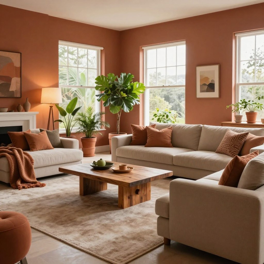 A bright and inviting living room featuring earthy terracotta hues on the walls, complemented by accents of clay-colored decor. In the foreground, a stylish, modern sofa adorned with textured throw pillows sits atop a soft, neutral area rug. The middle ground showcases a chic coffee table made of reclaimed wood, surrounded by vibrant potted plants that enhance the warm color palette. Large windows in the background allow ample natural light to flood in, illuminating the space and casting soft shadows. Warm, inviting lighting from strategically placed lamps adds to the cozy atmosphere. The scene conveys a sense of warmth, comfort, and an earthy aesthetic, perfect for a contemporary living area.