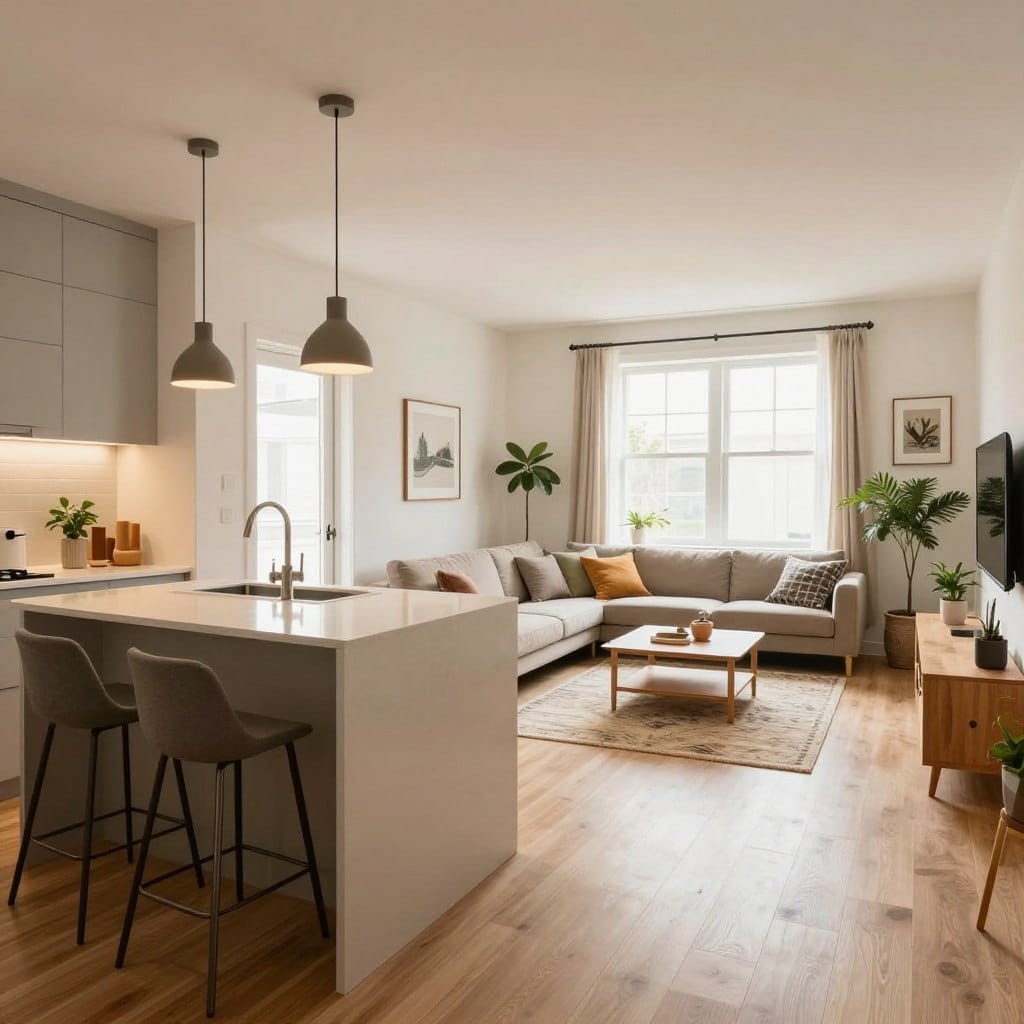A bright and inviting open-plan kitchen and living room, showcasing clever zoning strategies in a small space. In the foreground, a modern kitchen island with sleek finishes, featuring bar stools and pendant lighting. The middle area displays a cozy living space with a stylish sofa, coffee table, and decorative plants, subtly delineated by a decorative rug. The background includes large windows with natural light streaming in, enhancing the airy atmosphere. Use a wide-angle lens to capture the entire layout, with warm, soft lighting to create an inviting and harmonious mood. The design elements should reflect contemporary style, incorporating subtle color schemes and functional furniture that easily blends the kitchen with the living area harmoniously.