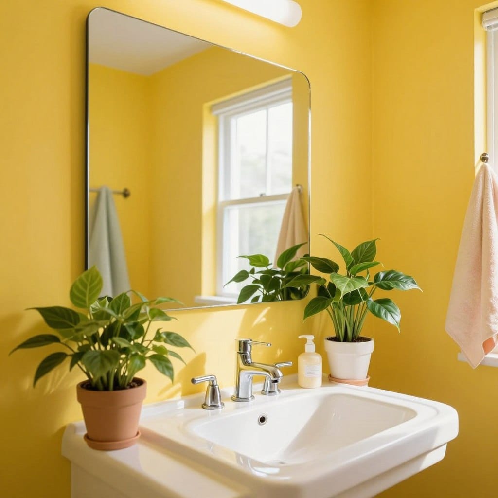 A bright, cheerful bathroom painted in Sunbeam Yellow, showcasing vibrant colors that evoke a sense of warmth and energy. In the foreground, elegant bathroom fixtures like a sleek white sink and modern chrome faucet, with lush green plants artfully placed for contrast. The middle section features a large, inviting mirror reflecting the lively yellow walls, illuminated by natural light pouring through an unseen window. The background hints at soft, pastel accents in towels and decorative items, enhancing the sunny atmosphere. The scene captures a joyous, refreshing mood, with soft shadows and highlights that make the colors pop. The composition is warm and inviting, perfect for inspiring a sense of brightness and positivity in a windowless space.