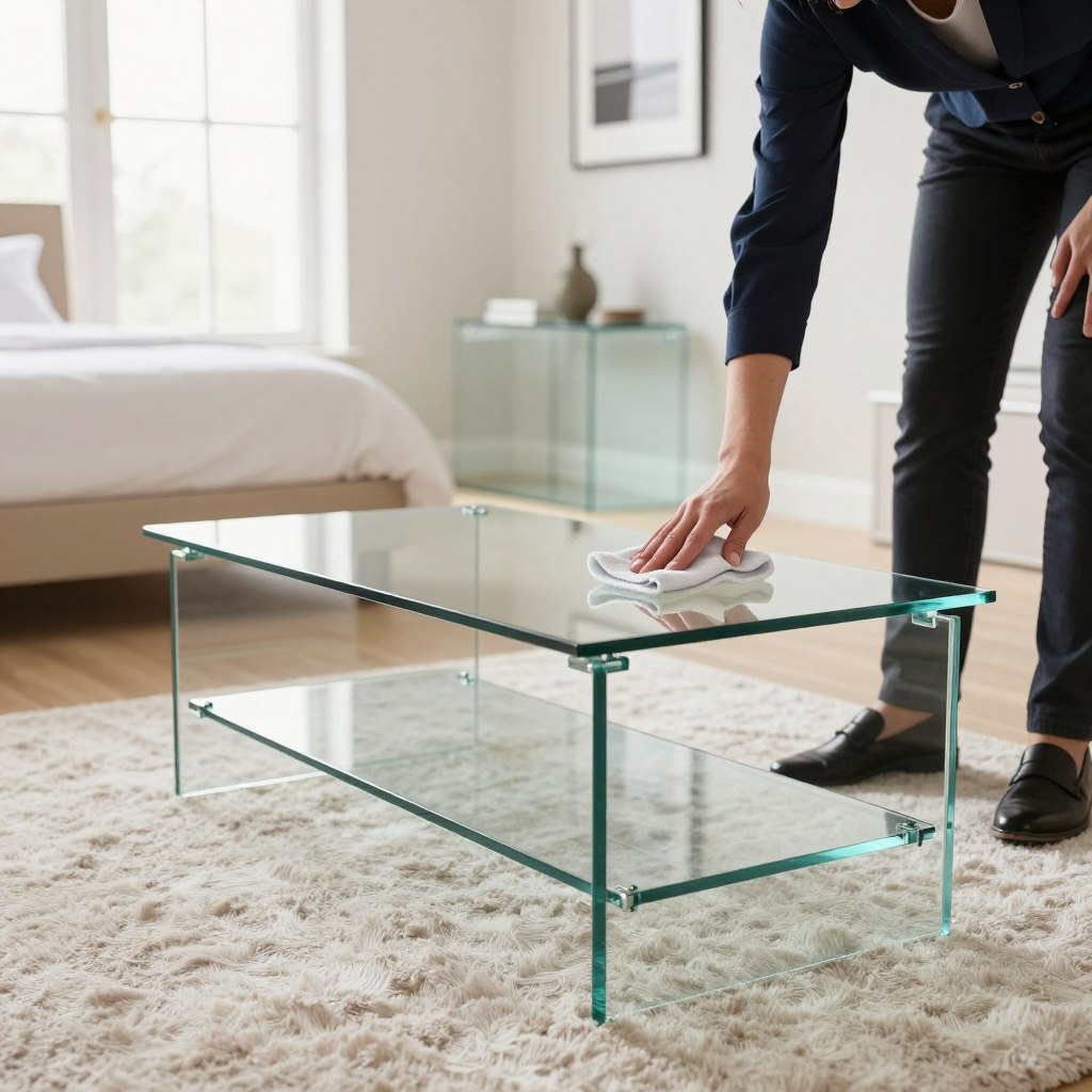 A bright, modern bedroom featuring sleek glass furniture, such as a glass coffee table and nightstands, in focus. In the foreground, a person in smart casual attire gently cleans the glass surfaces with a microfiber cloth, showcasing a maintenance routine. The middle ground displays stylish decor elements like a plush area rug and minimalistic artwork on light-colored walls. The background features natural light streaming through large windows, creating a warm and airy ambiance. The lighting is soft yet bright, emphasizing the clarity and elegance of the glass furniture. The composition captures a sense of tranquility and sophistication, reflecting the art of maintaining and ensuring safety in a contemporary glass bedroom setting. A bright, modern bedroom featuring sleek glass furniture, such as a glass coffee table and nightstands, in focus. In the foreground, a person in smart casual attire gently cleans the glass surfaces with a microfiber cloth, showcasing a maintenance routine. The middle ground displays stylish decor elements like a plush area rug and minimalistic artwork on light-colored walls. The background features natural light streaming through large windows, creating a warm and airy ambiance. The lighting is soft yet bright, emphasizing the clarity and elegance of the glass furniture. The composition captures a sense of tranquility and sophistication, reflecting the art of maintaining and ensuring safety in a contemporary glass bedroom setting.