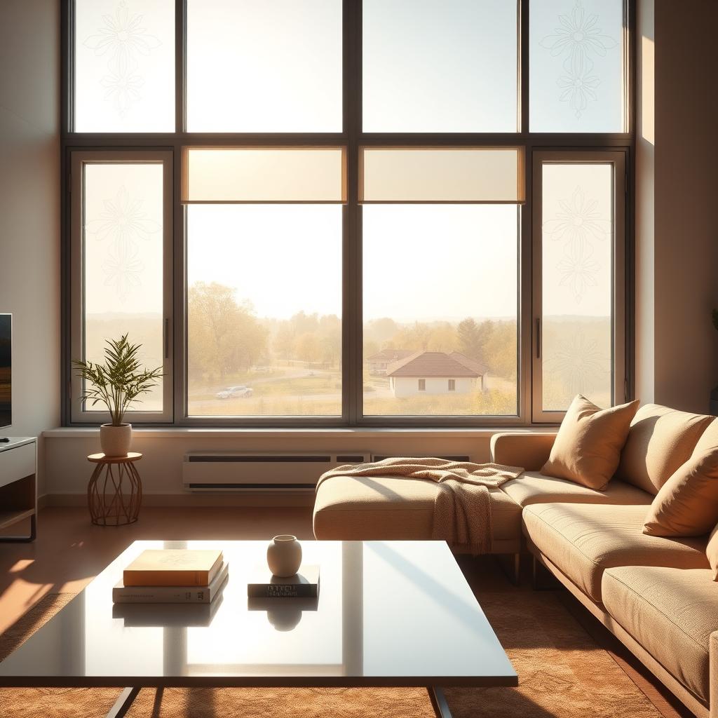 A bright, modern living room featuring large windows adorned with elegant window film solutions that softly diffuse light while preserving the outside view. The foreground includes a sleek, minimalist coffee table with a few decorative books and a small plant. In the middle ground, the windows are prominently displayed, showcasing translucent window films with designs that enhance privacy yet allow for ample natural light. The background reveals a cozy couch arranged in a welcoming manner, with soft cushions and a stylish throw blanket. The lighting is warm and inviting, casting gentle shadows across the room. The atmosphere is serene and sophisticated, highlighting the harmony between the indoor space and the outdoor scenery.