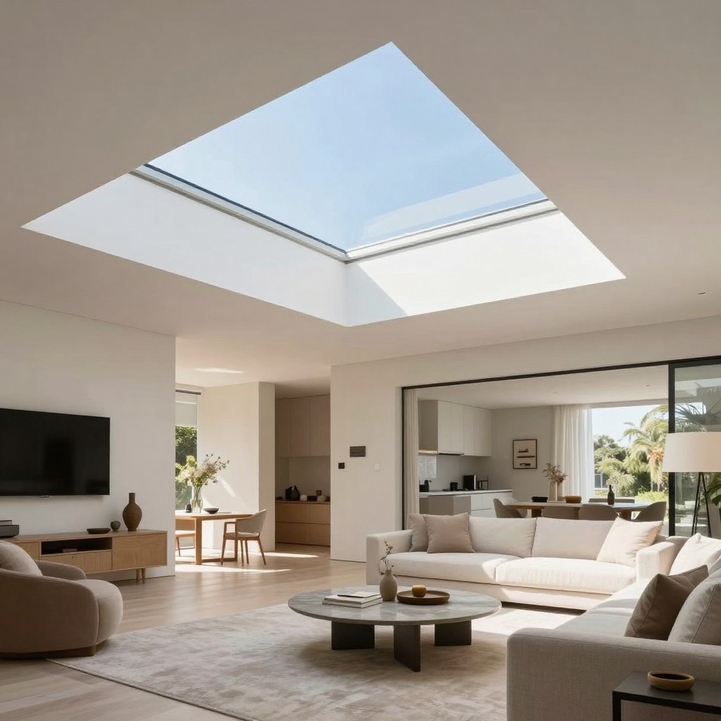 A bright, modern residential interior showcasing a fixed skylight design. In the foreground, a spacious living room features a stylish fixed skylight seamlessly integrated into a contemporary ceiling, allowing natural light to flood the space. In the middle, there’s an elegant arrangement of furniture, with a light-colored rug and minimalist decor, enhancing the sense of openness. The background displays a clear blue sky visible through the skylight, with soft, diffused sunlight illuminating the room. Use a wide-angle lens to capture the entire space, emphasizing the grandeur and tranquility of the environment. The atmosphere is serene and welcoming, highlighting the benefits of fixed skylights in enhancing living spaces. A bright, modern residential interior showcasing a fixed skylight design. In the foreground, a spacious living room features a stylish fixed skylight seamlessly integrated into a contemporary ceiling, allowing natural light to flood the space. In the middle, there’s an elegant arrangement of furniture, with a light-colored rug and minimalist decor, enhancing the sense of openness. The background displays a clear blue sky visible through the skylight, with soft, diffused sunlight illuminating the room. Use a wide-angle lens to capture the entire space, emphasizing the grandeur and tranquility of the environment. The atmosphere is serene and welcoming, highlighting the benefits of fixed skylights in enhancing living spaces.