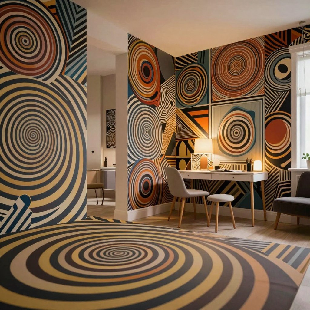 A captivating and chic interior scene featuring an array of stylish optical illusion wallpaper designs. In the foreground, vibrant patterns create a sense of movement and depth, including swirling spirals, geometric shapes, and mesmerizing 3D effects. The middle ground showcases a tastefully decorated room with minimalistic furniture set against the wallpaper, highlighting the illusionary effects. In the background, soft ambient lighting enhances the colors and textures of the patterns, creating a warm and inviting atmosphere. The lens angle is slightly tilted to amplify the dynamic nature of the designs, inviting viewers to explore the playful intricacies of the walls. Emphasize a modern yet cozy vibe that inspires creativity and conversation without any human presence in the scene.