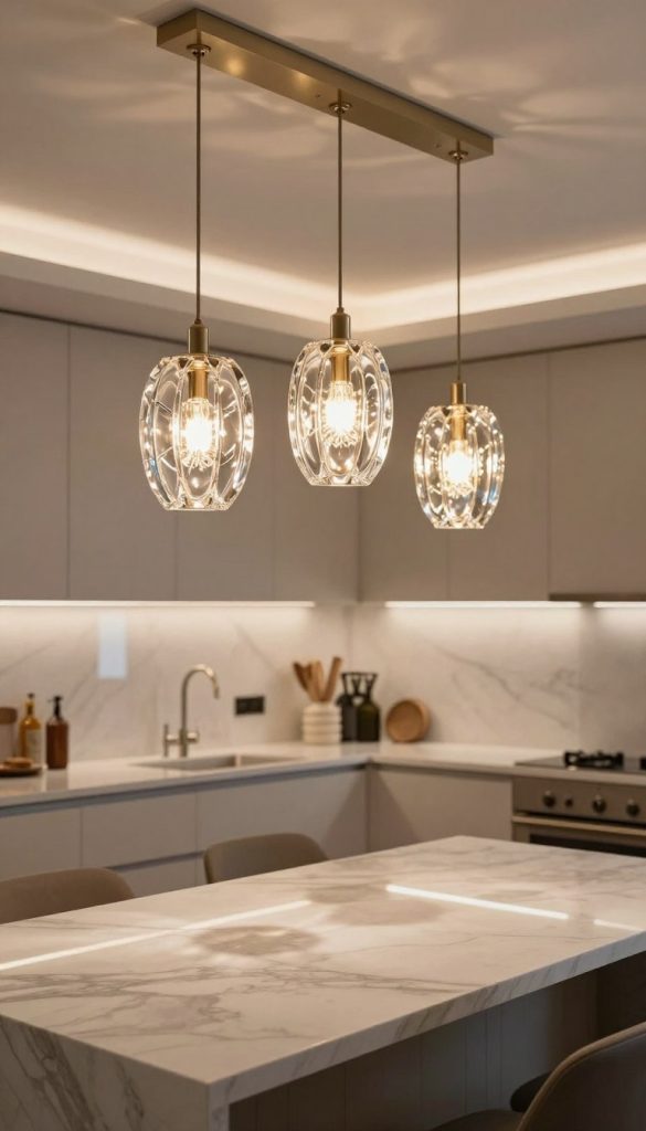 A captivating kitchen featuring an elegant and modern luxury pendant lighting installation above a spacious kitchen island. The foreground showcases three statement pendants with intricate glass designs, casting a warm, inviting glow. The middle ground reveals a sleek, minimalist kitchen island adorned with a polished marble countertop. Subtle reflections of the pendant lights shimmer on the surface, enhancing the overall sophistication. In the background, light-colored cabinetry and tasteful decor elements blur slightly, creating depth while keeping the focus on the lighting. Soft ambient light fills the scene, casting gentle shadows that evoke a cozy, upscale mood perfect for contemporary dining experiences. The image should be taken with a slightly elevated angle, using a wide-angle lens to capture the expansive feel of the kitchen space.