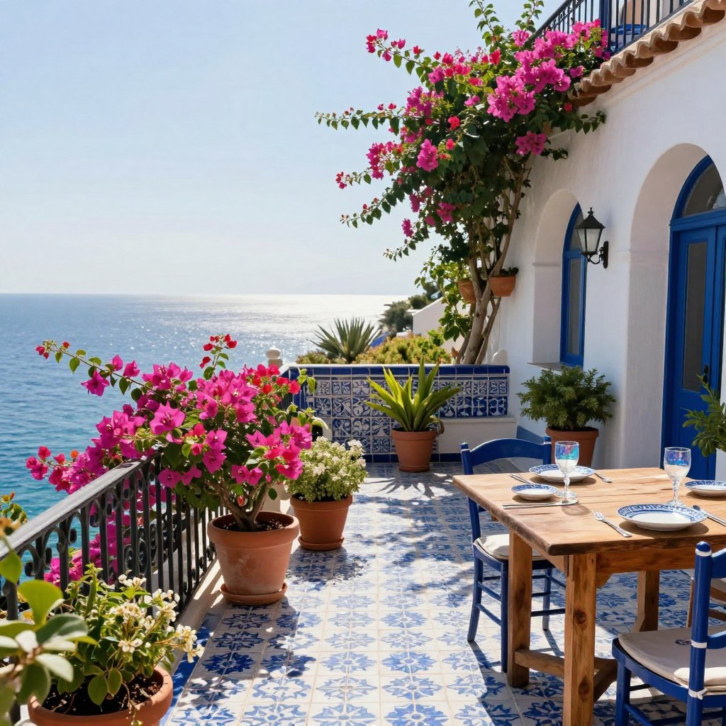 A charming Mediterranean terrace adorned in an iconic blue and white color palette, showcasing intricate tiled patterns and lavishly potted plants. In the foreground, vibrant blooming bougainvillea spills over an elegant wrought-iron railing, while a rustic wooden table is set with delicate ceramic dishes and glasses that reflect the coastal vibe. The middle ground features arched doorways and hints of a classic stucco wall, beautifully contrasting with the greenery. In the background, the Mediterranean Sea glimmers under a bright, serene sky, with sunlight casting soft shadows. The scene evokes a tranquil, breezy atmosphere, perfect for relaxation, captured with a wide-angle lens that emphasizes depth and space, enhancing the feel of an endless summer escape.