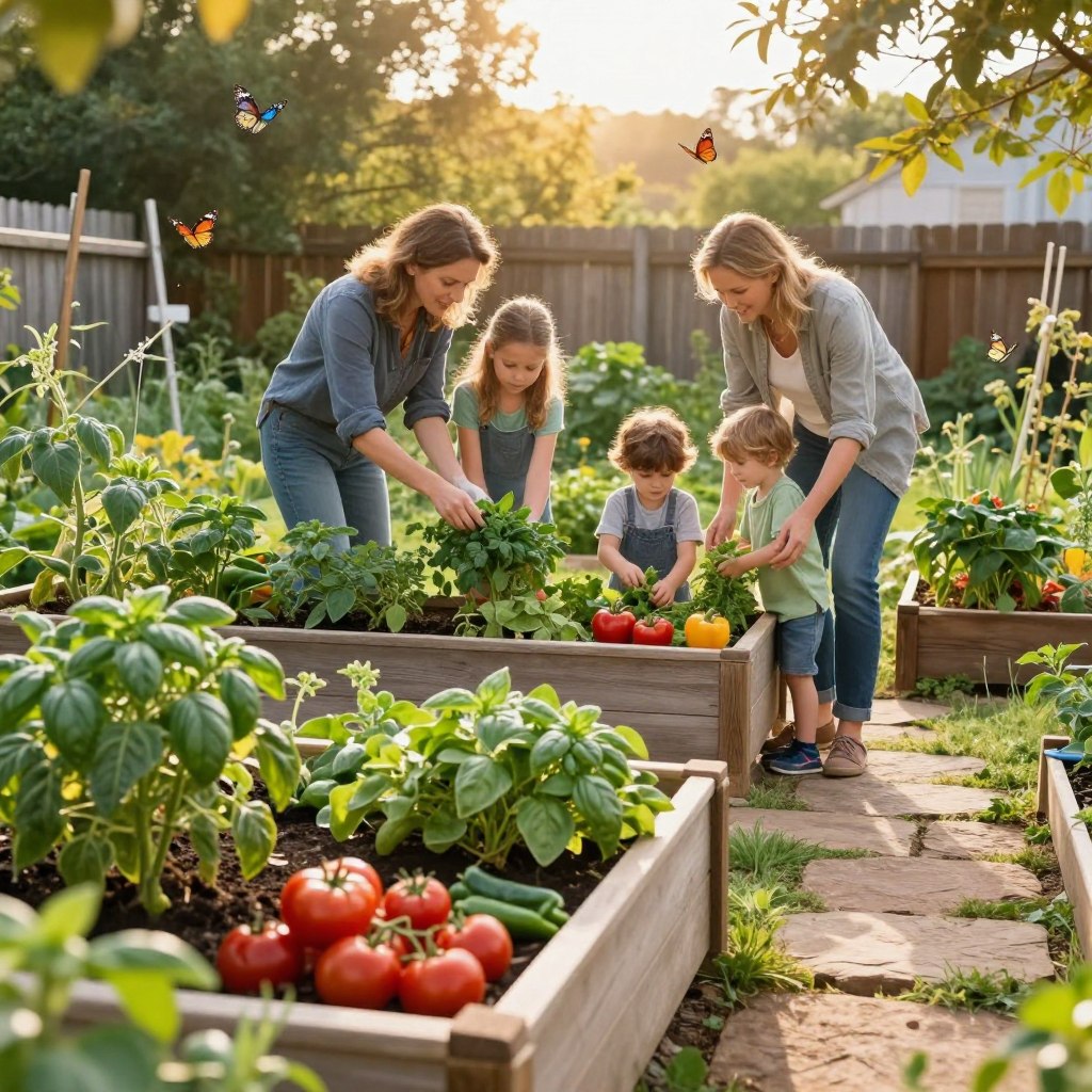 A charming family edible garden plot showcasing a variety of vibrant vegetables and herbs. In the foreground, raised wooden garden beds brimming with tomatoes, peppers, and basil. A well-tended path made of rustic stones leads through the garden, enhancing the organic feel. In the middle, a family of four—two adults and two children—dressed in casual, modest clothing, joyfully tending to the plants and harvesting fresh produce. Sunlight filters through the trees, casting a warm golden glow over the scene, creating a welcoming atmosphere. In the background, a cozy wooden fence encircles the garden, with a few playful butterflies fluttering around, adding a touch of whimsy. The image captures a sense of community and the joy of cultivating food together.